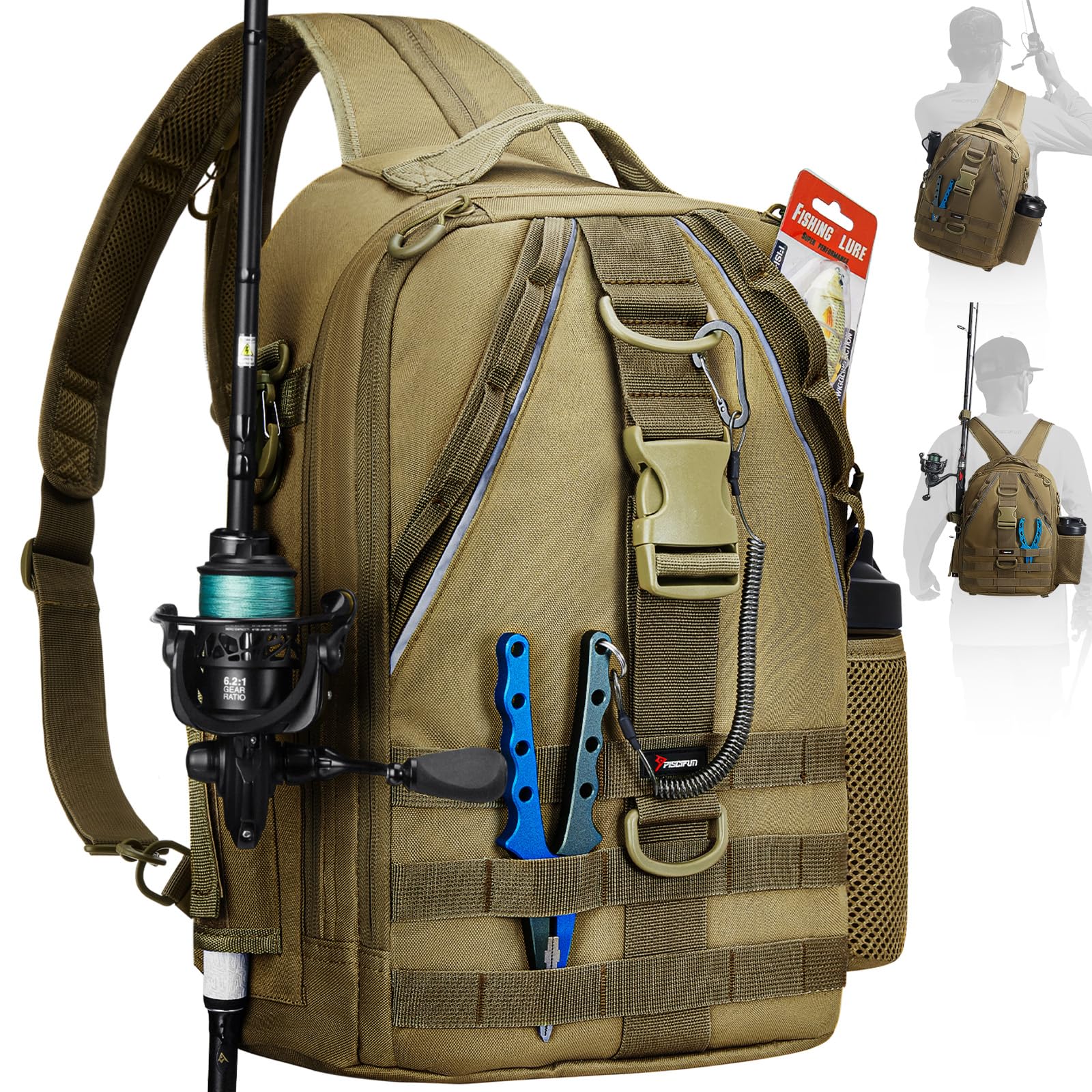 Piscifun Fishing Backpack, Rod Holders, Lightweight Sling Bag, Khaki Large