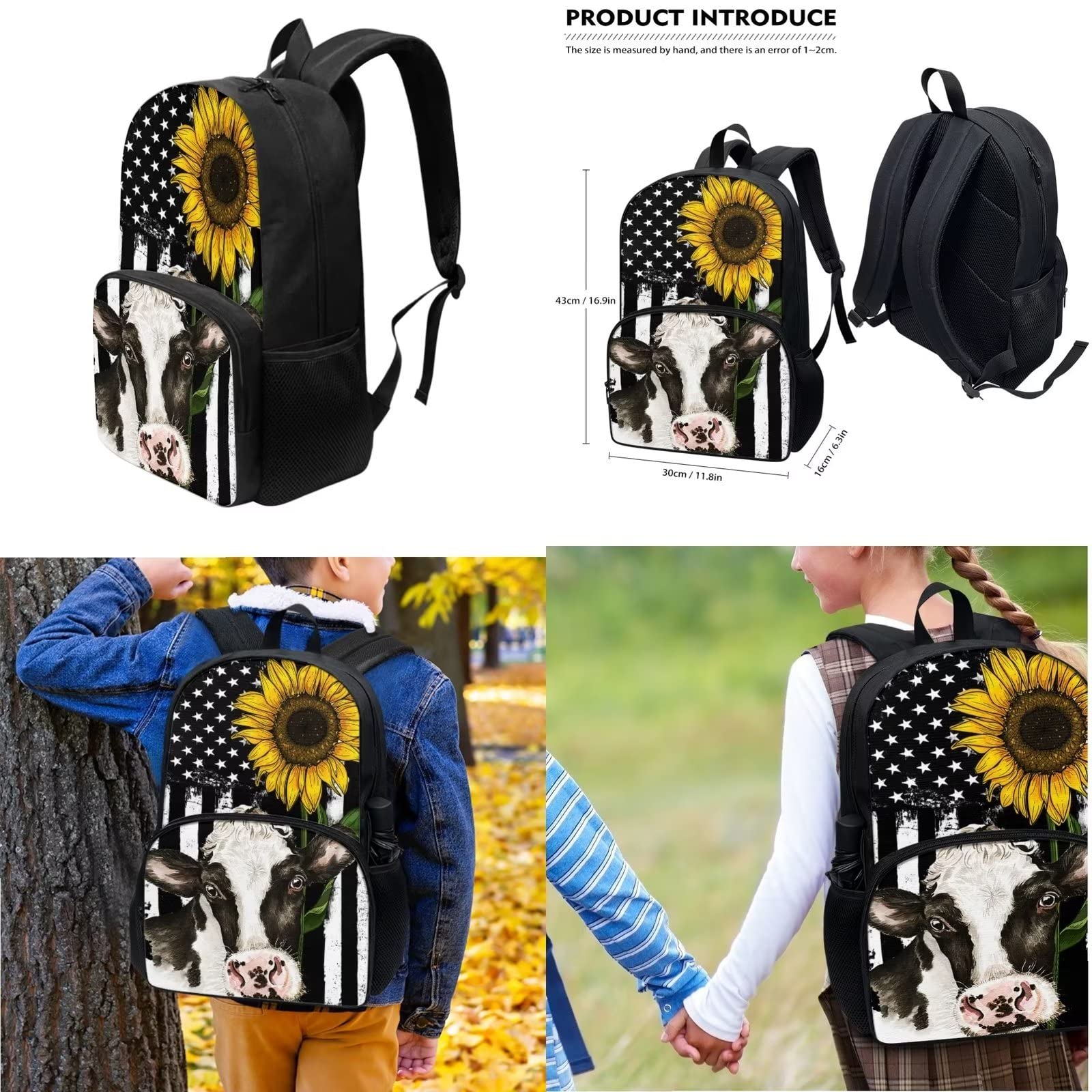POLERO Mochila escolar de caballos para niños, juego de bolsas de almuerzo, estuche para lápices, 3 piezas, bolsas escolares, girasol bandera vaca, Talla única, Mochila infantil