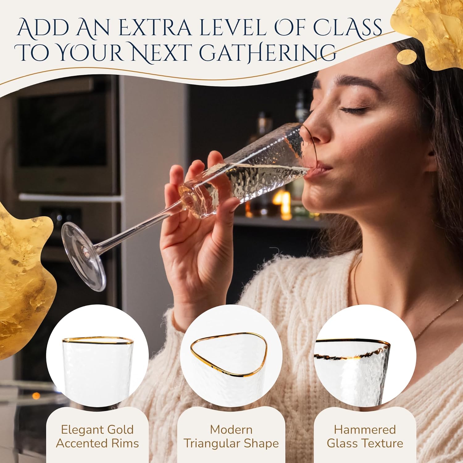 Bec's Designs Gold Rimmed Champagne Flutes – Set of 4, 6oz Handblown Triangular Hammered Glass – Elegant Stemware for Mimosas, Prosecco & Weddings