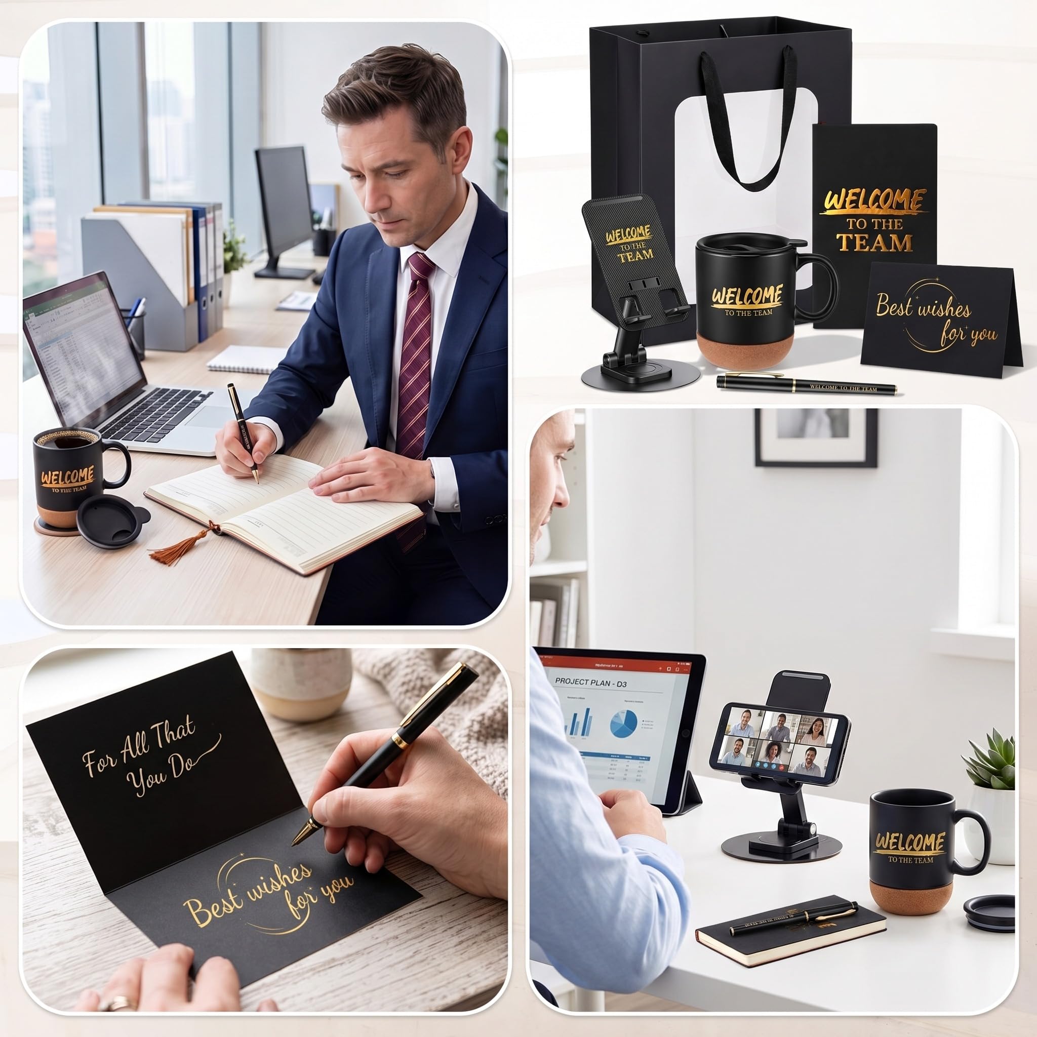 Lot de 6 cadeaux pour nouvel employé - Cadeau « Welcome to the Team » - 445 ml - Support pour téléphone - Pour carnet de notes inspirant - Sac en papier kraft - Cadeau de reconnaissance