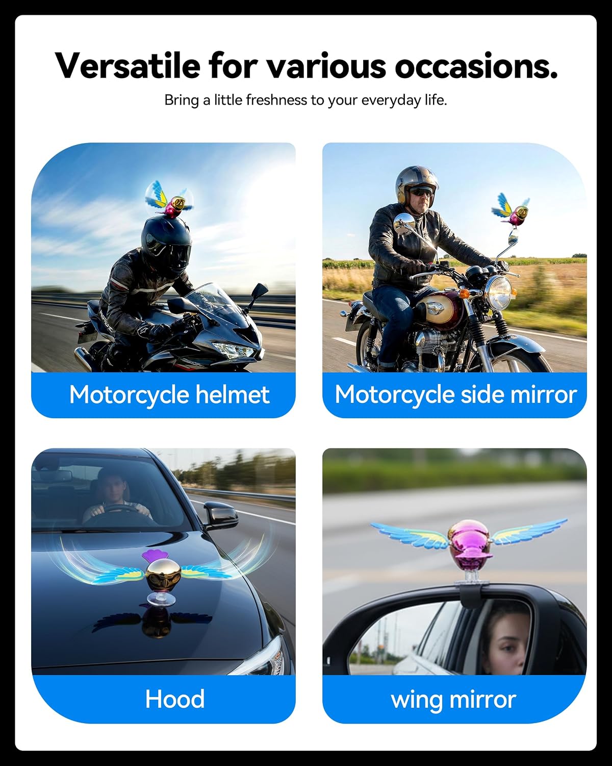 Flying Bird Car Accessories, Wind Powered Spinning Bird Toy, Funny Moving Bird Ornament for Car Exterior, Motorcycle Helmet, Mirror, Antenna Decoration, Weatherproof Auto Decor Gift