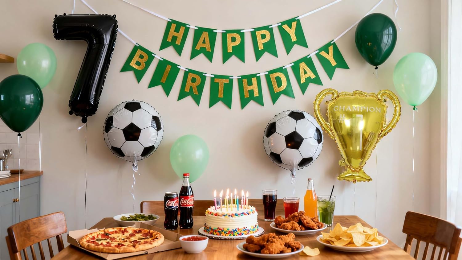 Soccer Balloons 7th Birthday Decorations, Black Gold Soccer Trophy Foil Number 7 Balloon, Green Birthday Banner 7 Years Old Boys World Cup Birthday Soccer Theme Party Decoration Supplies(7th) - Image 3