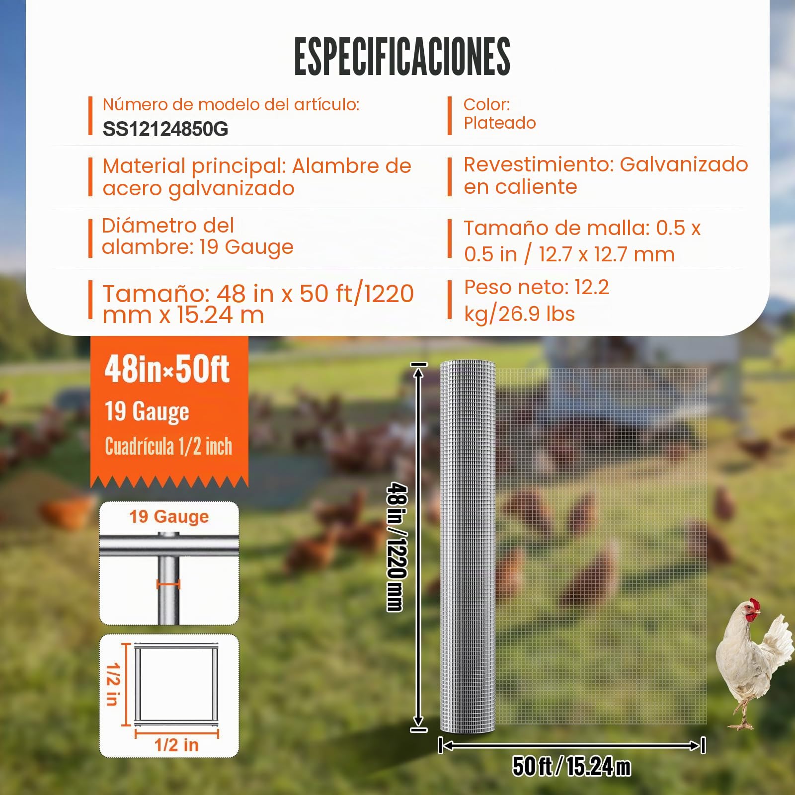 VEVOR Malla de Alambre Soldada 1220mm x 15,24m Rollo de Malla de Alambre Galvanizado en Caliente 12,7x12,7 mm Valla de Alambre de Gallinero Calibre 19 para Jaulas de Conejos, Jardín, Roedores Pequeños
