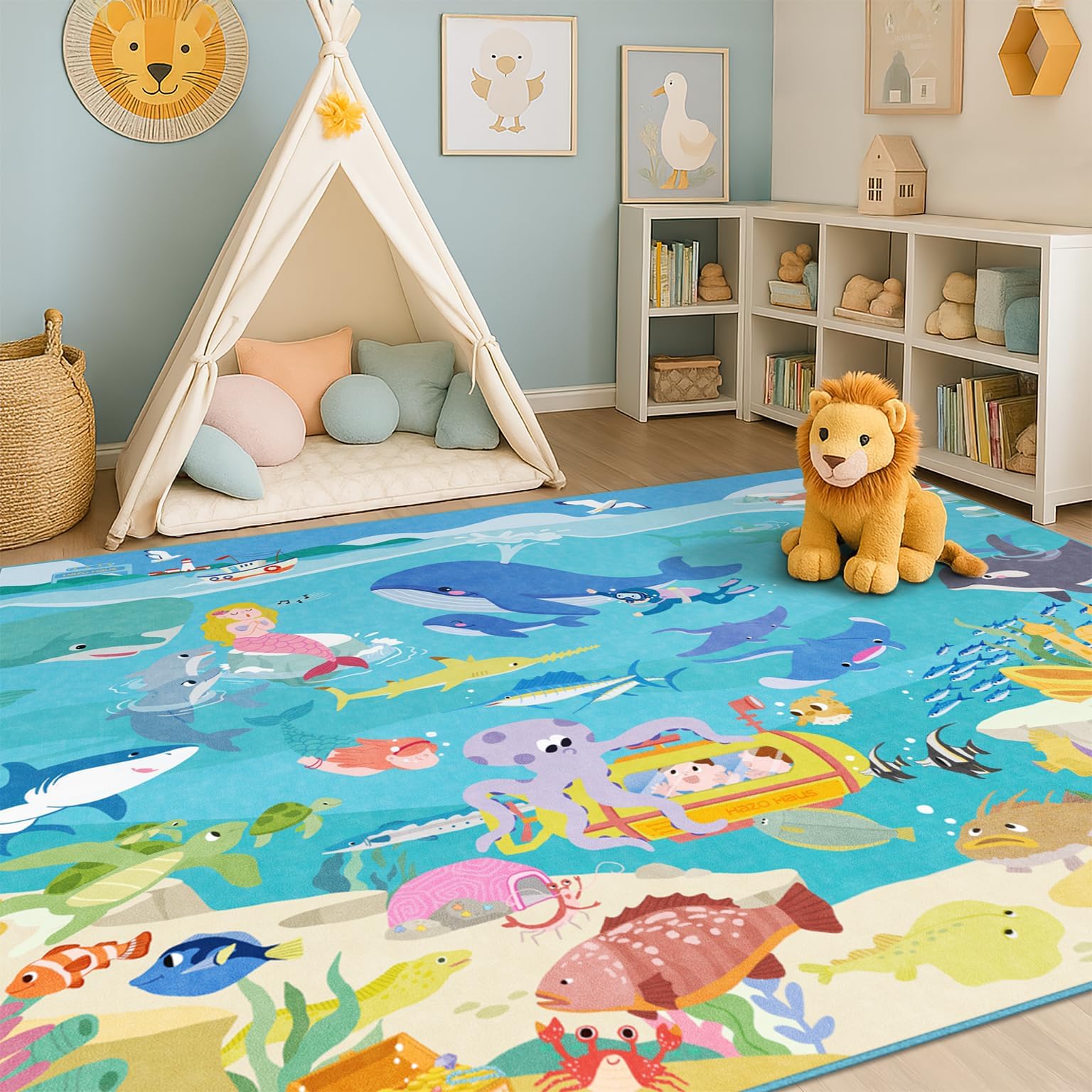 5x7 Ocean Rug for Kids Room – Large Play Mat with Beach Wave Whale & Mermaid, Washable Non Slip Learning Carpet for Toddlers, Bedroom or Playroom Décor