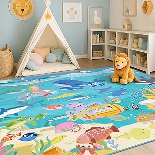 5x7 Ocean Rug for Kids Room – Large Play Mat with Beach Wave Whale & Mer...