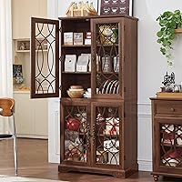 Joaxswe 67" Tall Vintage Pantry Cabinet with Glass Doors, Adjustable Shelves, Freestanding Kitchen Storage for Dining Room, Brown