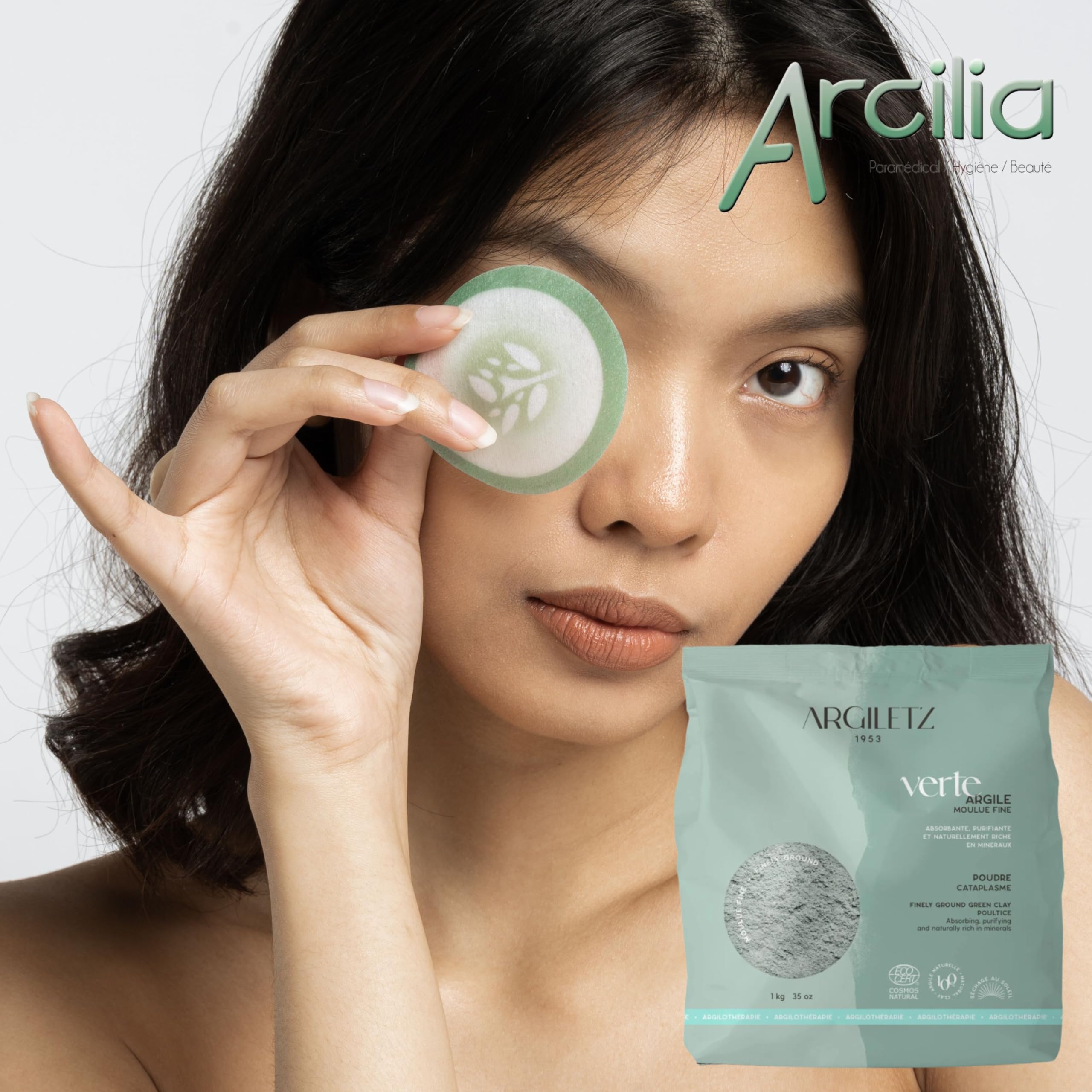 (ARCILIA) Argiletz - Lot de 2 sachets d'argile verte illite moulue fine 1kg - séchée au soleil ARGILTEZ - cataplasme, emplâtre, masque soin beauté visage, cheveux, bain d'argile et cure