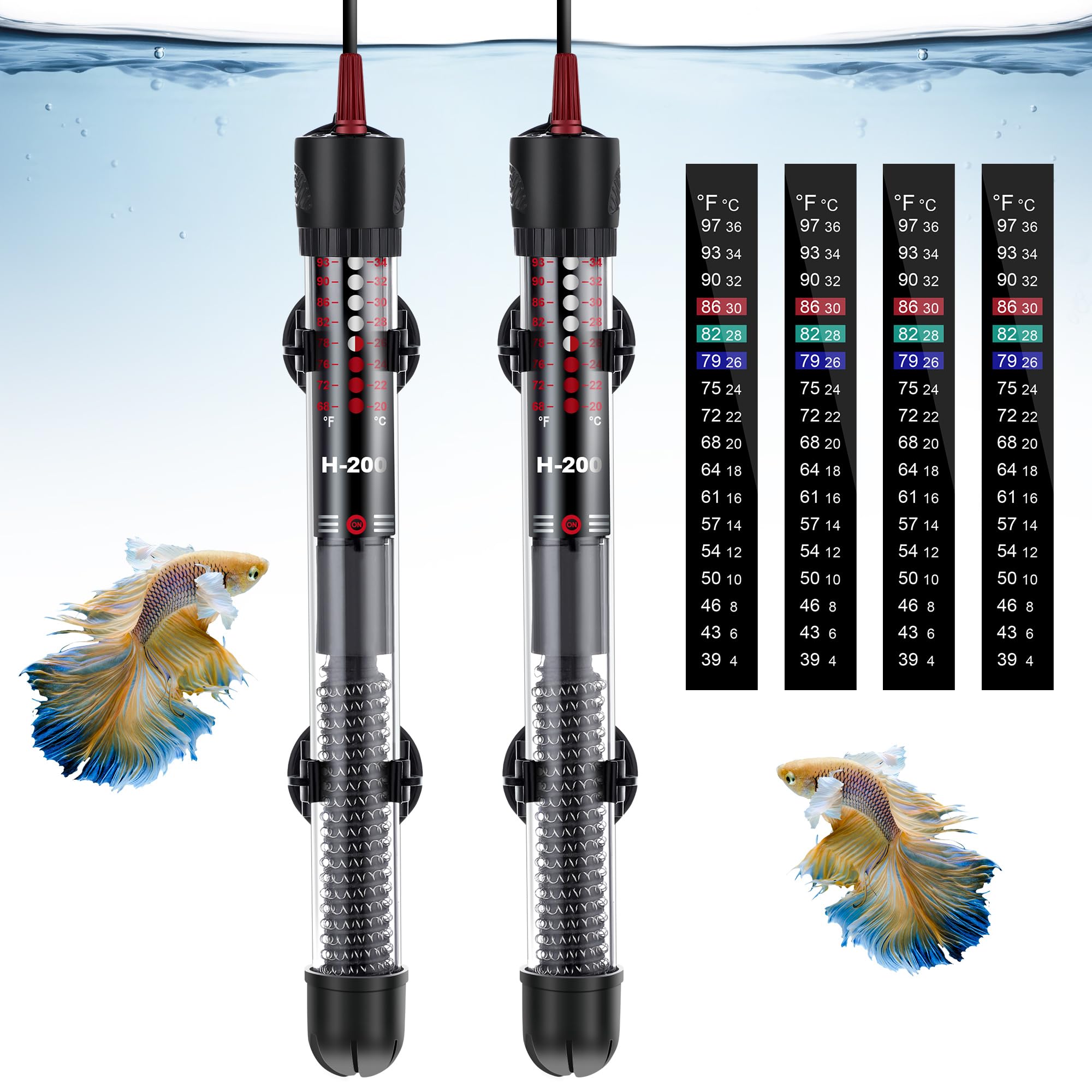 Dreyoo 2 Set Submersible Aquarium Heater, 100W/300W Adjustable Aquarium Fish Tank Heater with 4 Thermometers Stickers and Suckers, Adjustable Knob