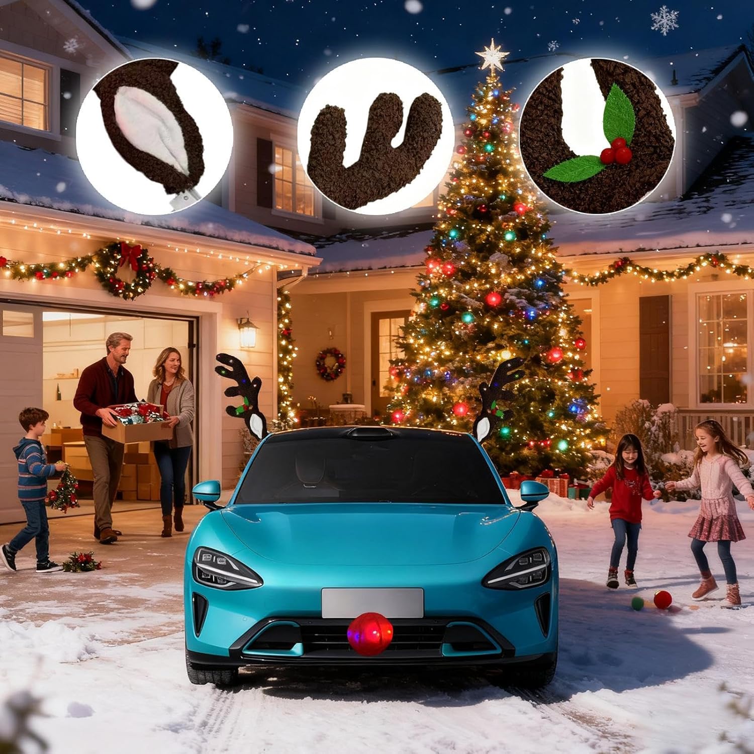 Christmas Car Decorations - Led Reindeer Antler, Festive Nose Car Decor Perfect for Automotive, Truck Vehicle Exterior Ideal for Window, Holiday Display, Fun Seasonal Accessory for Cars Roof Top