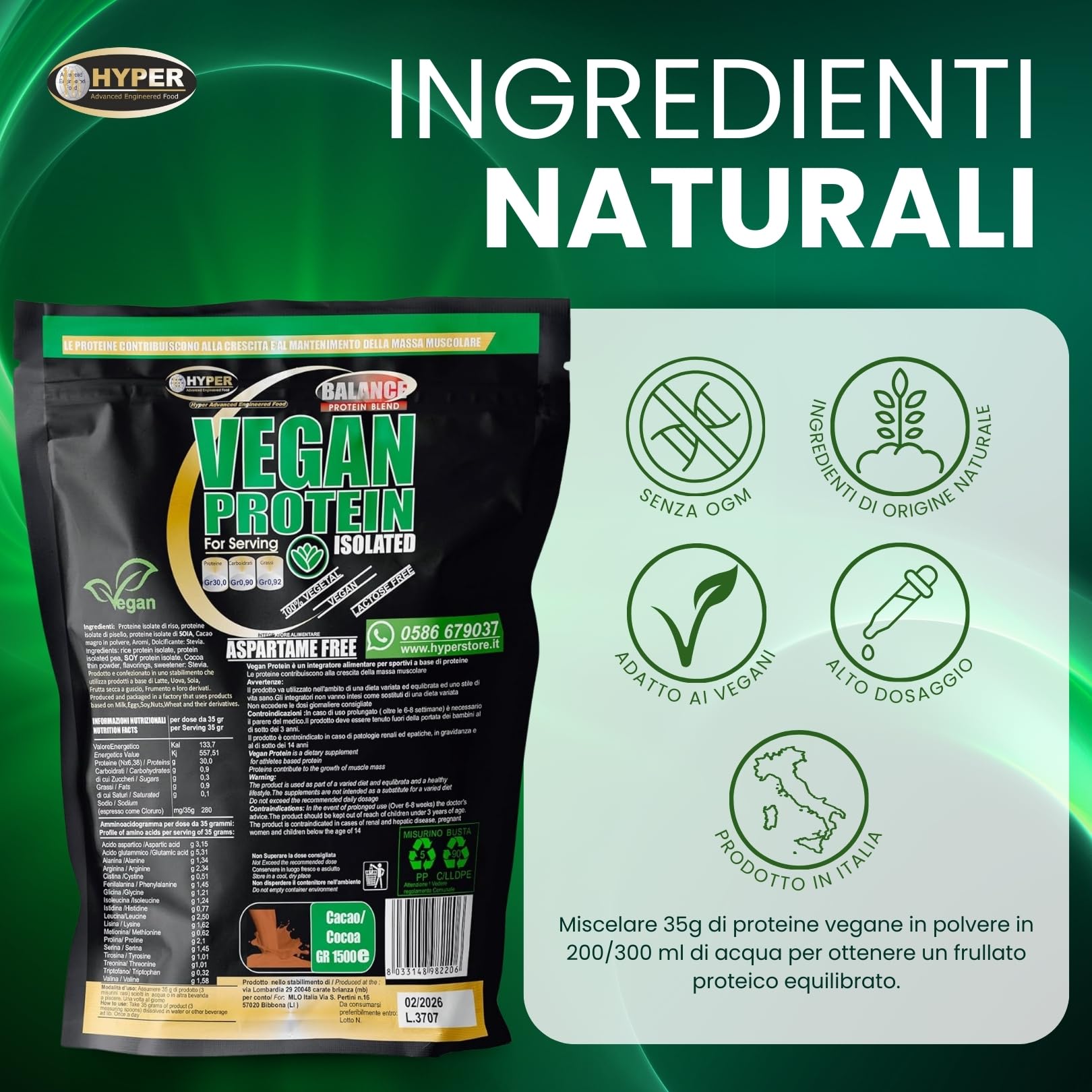 Hyper Vegan Protein 3kg Vaniglia - Proteine in Polvere Senza Edulcoranti - Proteine in Polvere Isolate senza Glutine - Proteine in Polvere Vegane per Aumento Massa Muscolare, Favoriscono il Recupero