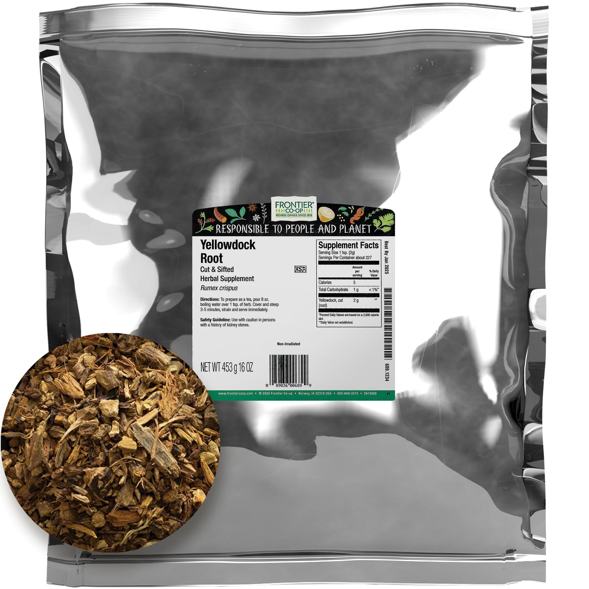 Frontier Co-op Cut and Sifted Wildcrafted Yellowdock Root, Rumex crispus, 1lb