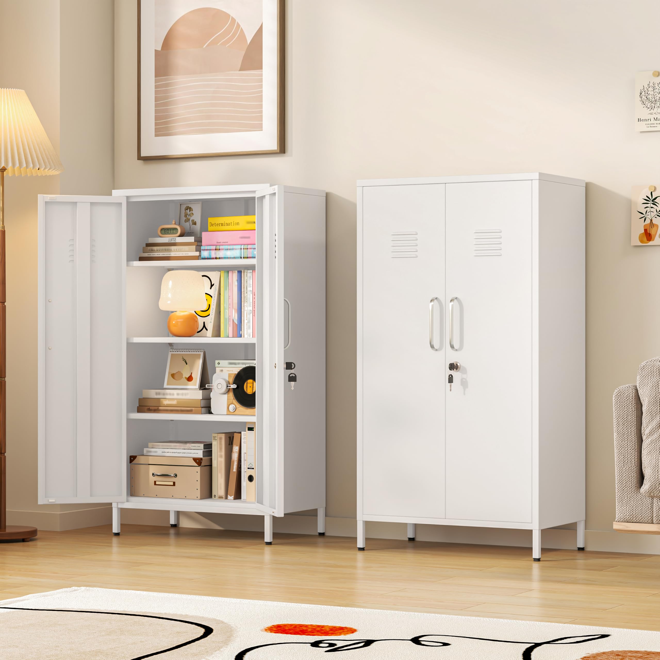 Metal Storage Locker,47" H Home Office Storage Lockers for Employees with 2 Locking Door ＆ 3 Adjustable Shelves,File Storage Cabinets forGarage, School, Office, Gym (White)