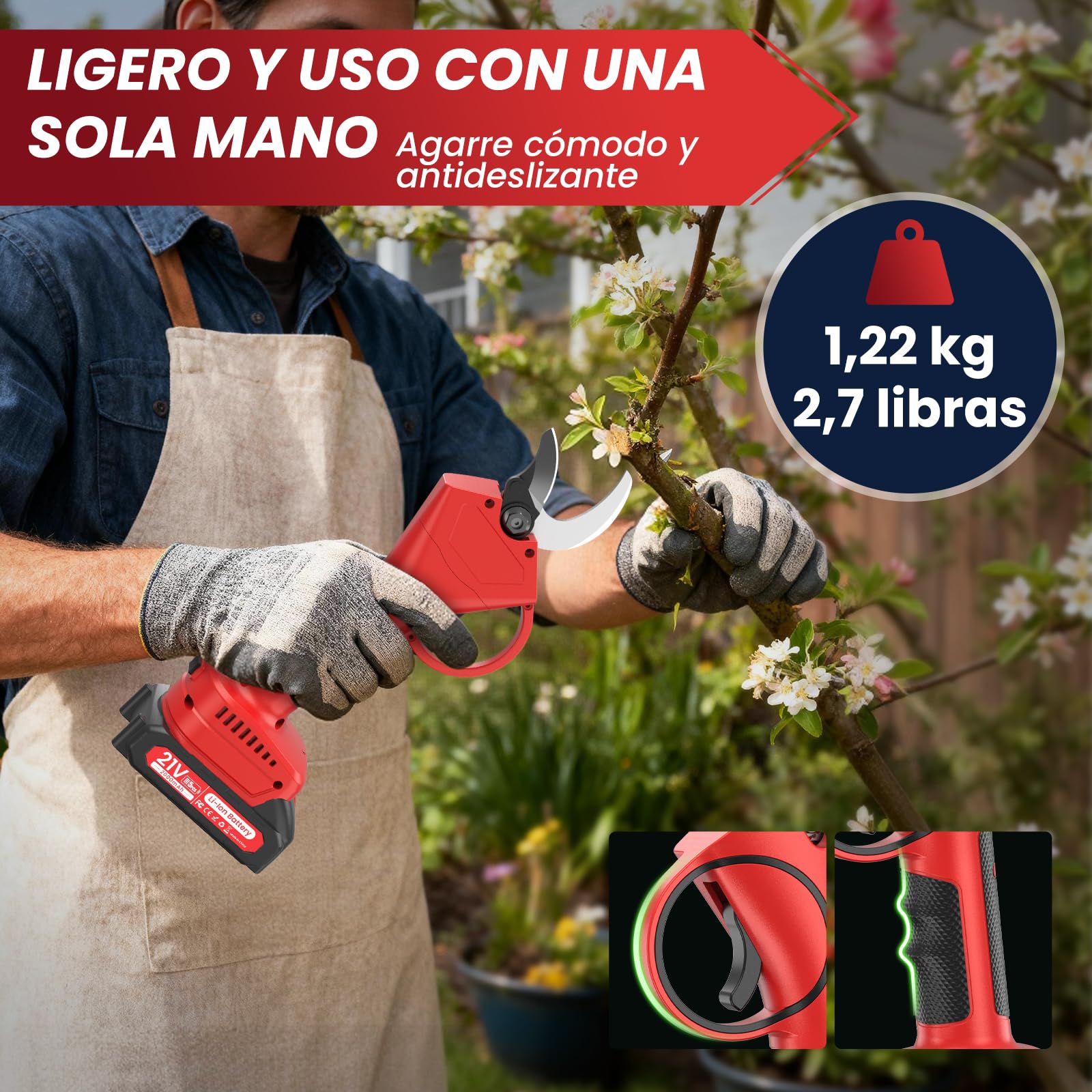 Tijeras de Podar Eléctricas, 40mm Tijeras de Podar Bateria Hoja SK7, Potentes 800W Motor Sin Escobillas, 2 Baterías 2000mAh 21V, 6-8H de Autonomía, Ligera y Mano Única, para Árboles Frutales,Viñas