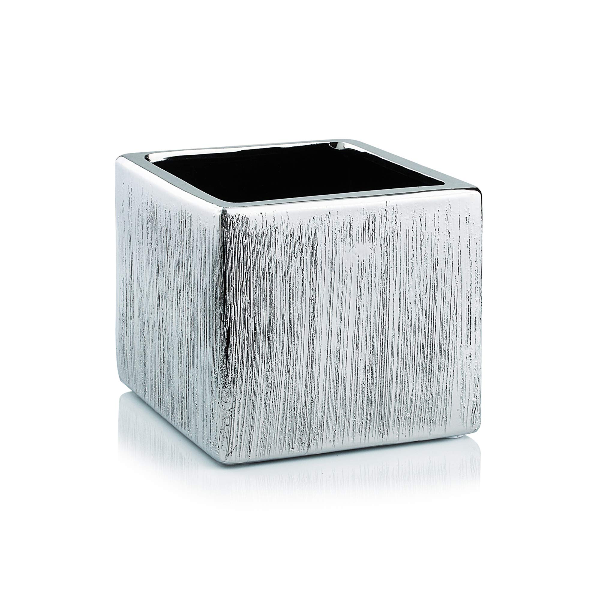 WGV Ceramic Cube Vase Width 6.5" Height 6" (Fits 6" Pot) Elegant Modern Block Square Floral Planter Terrarium Container Table Dresser for Event Accent Home Office Decor Silver Textured 1 Piece