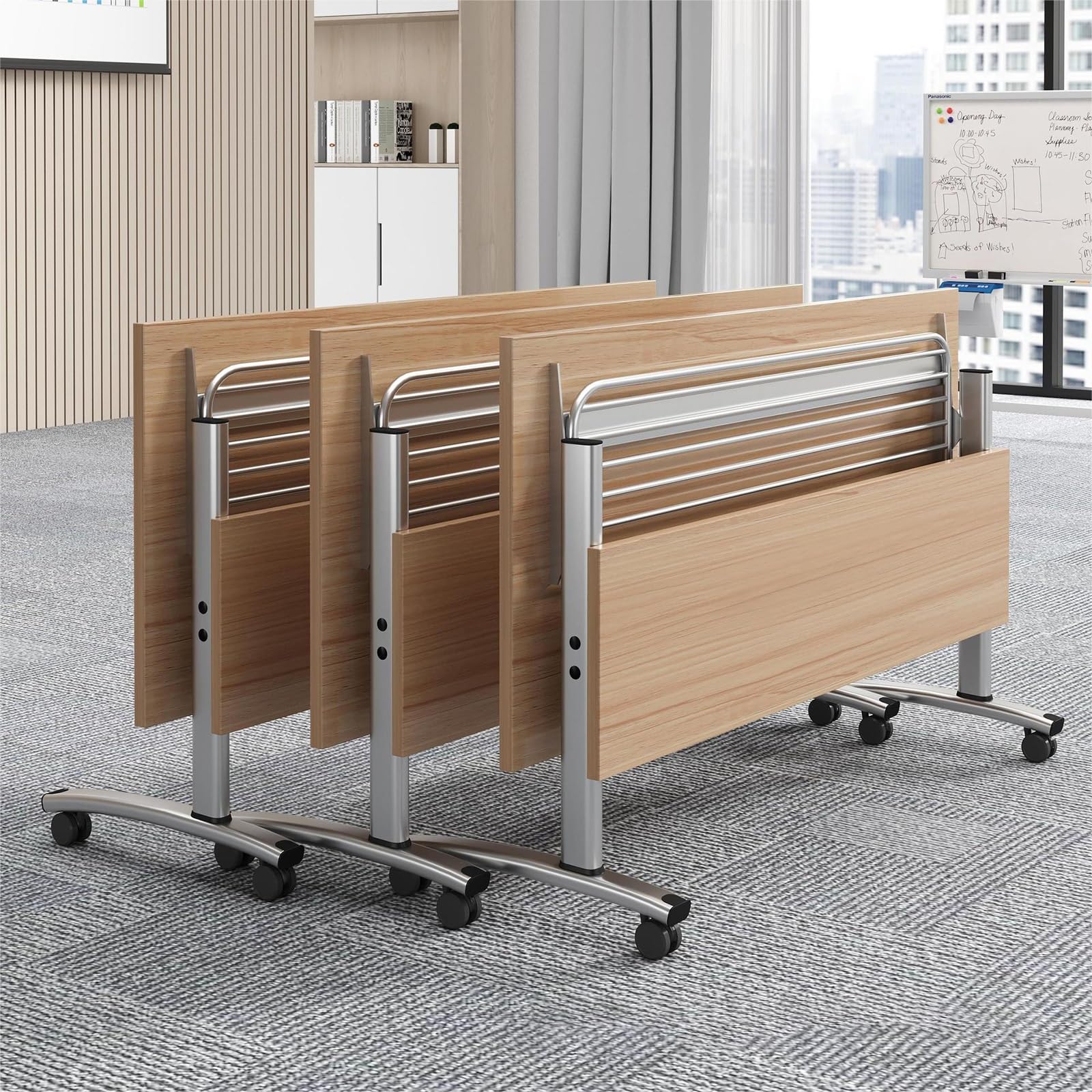 3-teiliges, klappbares Konferenztisch-Set mit leisen Rollen, modulares Design für Büro/Klassenzimmer/Schulung, platzsparende Aufbewahrung, Beige, 120 x 60 x 75 cm