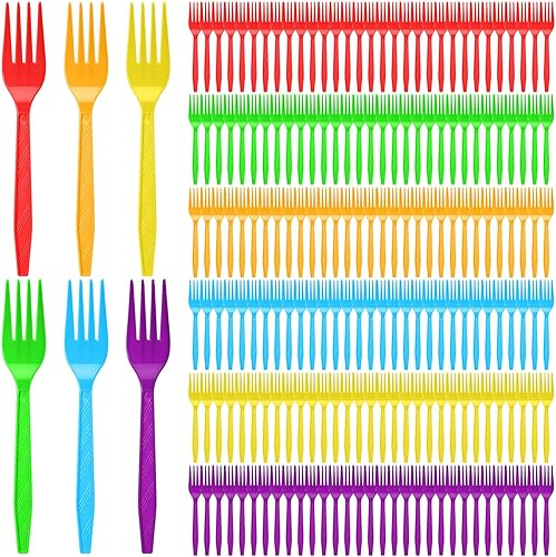 Miniatura 1 de Tioncy 360 tenedores de plástico desechables con diseño de arco iris, coloridos, cubiertos desechables, tenedores de plástico neón, tenedores para