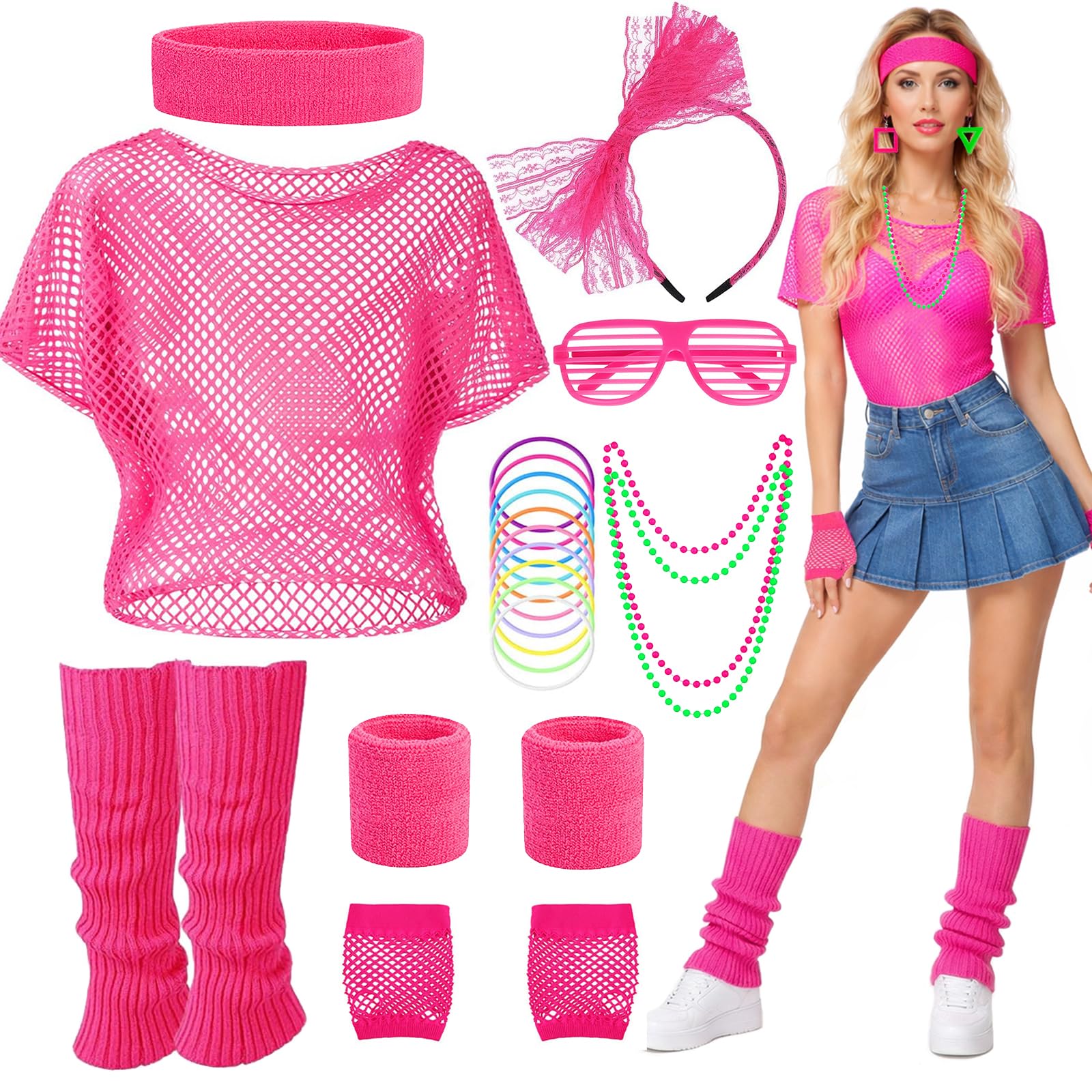 80s Fancy Dress for Women, 1980s Neon Costume Accessories Set with Fishnet Top Leg Warmers Shutter Glasses Headband Gloves Necklace Earrings Bracelets for Retro 80s Party Workout Outfit (Hot Pink)