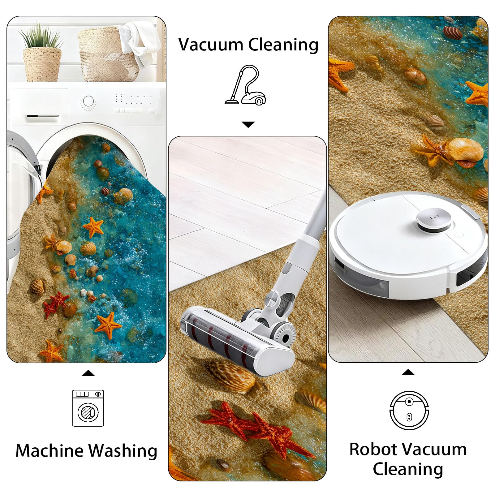 Mer Vague Plage Tapis Cuisine Devant Evier Lavable Coquillage étoile de mer Descente de Lit Antidérapant 60x180 cm Thème Océan Tapis de Passage pour Couloir, Passage, Chambre à Coucher, Salon