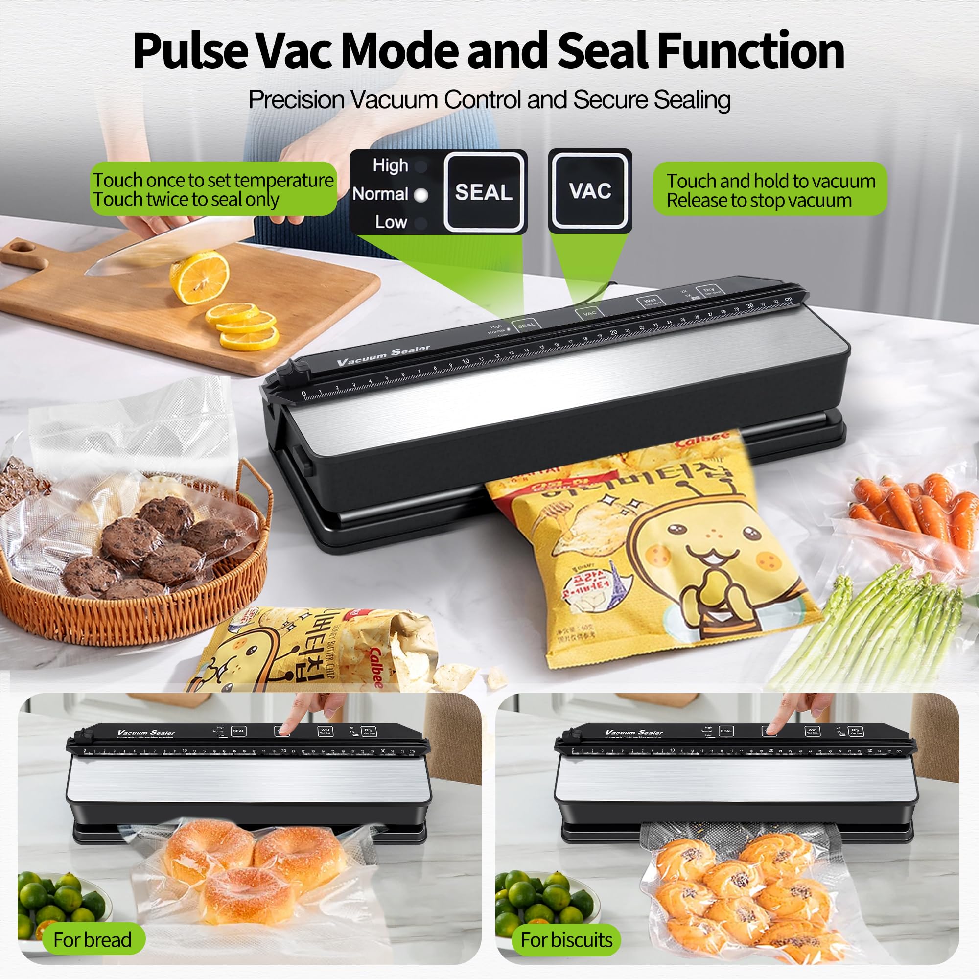 DeeprBetter Domestica Envasadora al Vacío Alimentos, 90kPa con Doble Bomba | Embasadoras Vacio Alimentos Secos&Húmedos, Todo en 1 Maquina Envasar al Vacio Alimentos con 13mm Sellado Ampliado, 15 Bolsas