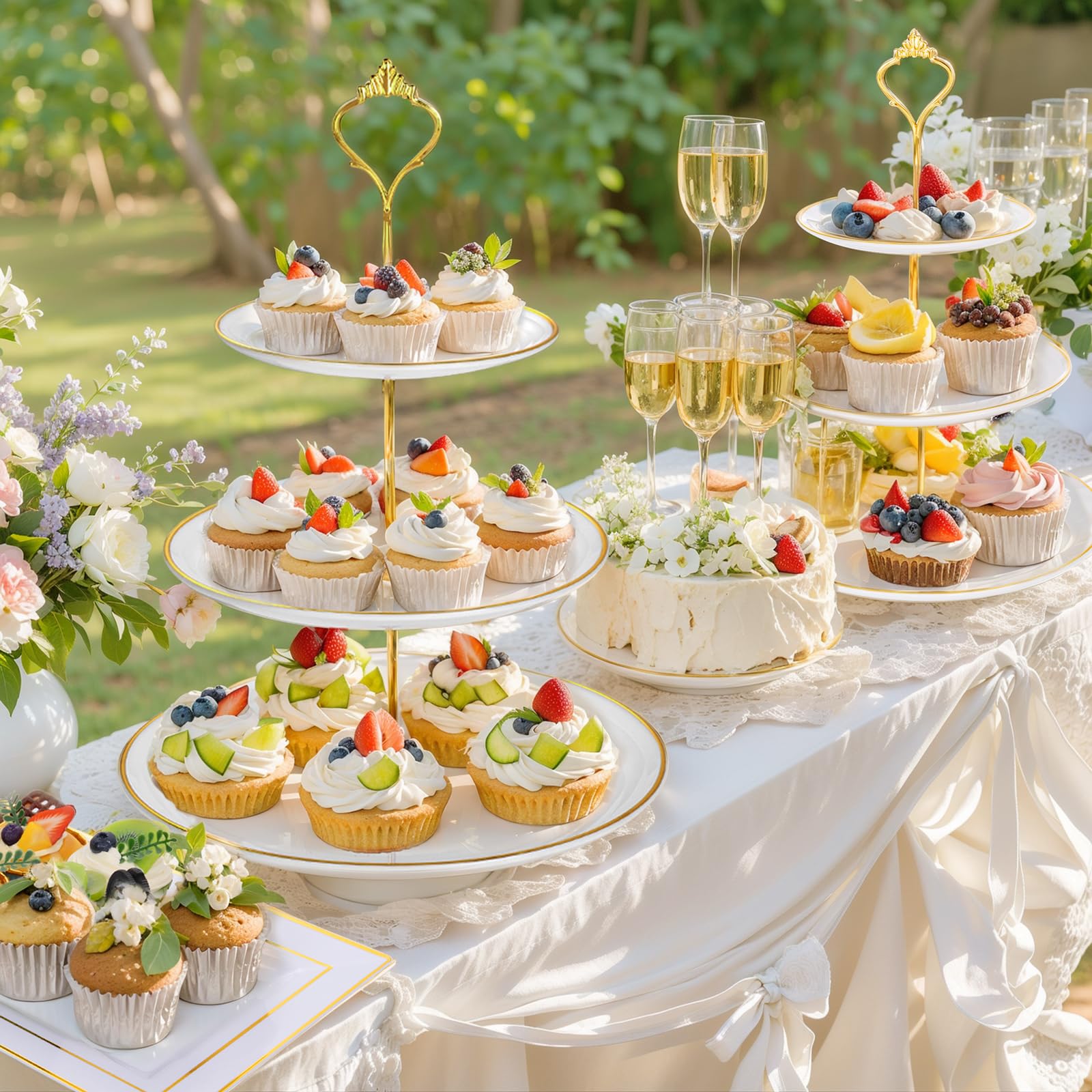supernal Soportes para cupcakes de 3 niveles, 6 bandejas de plástico, 4 soportes para postres para cupcakes, juego de bandejas de fiesta, platos para tartas incluye 6 bandejas de pastelería, 4
