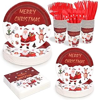 168 Pcs Christmas Paper Plates and Napkins Sets Santa Claus,Reindeer,Snowman Disposable Dinner Tableware Set With 7" Plate,9" Plates,Napkins,Cups & Knife & Fork&Spoon Party Supplies Serve 24 Guests