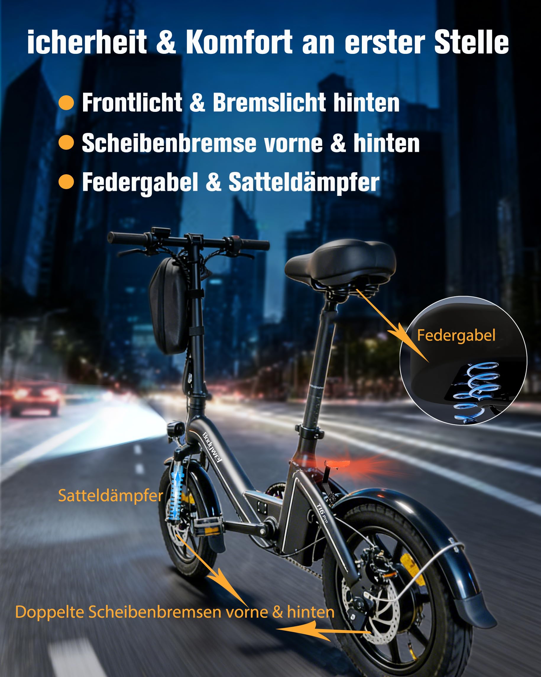 Bodywel T16PRO Mini E Bike 14 Zoll faltbar Elektrofahrrad 250W 36V/10AH Akku mit APP Funk für Herren Damen,Reichweite Max 45 km