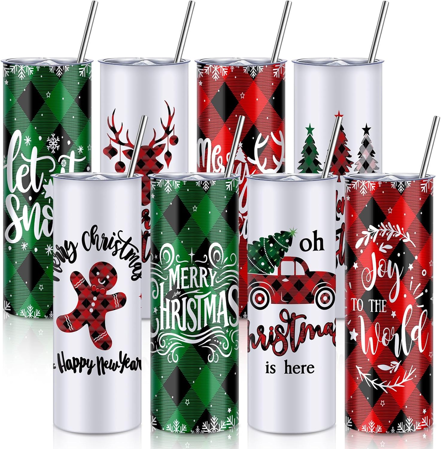 Sliner 8 PCS Christmas Tumbler with Lid Straw and Brush Stainless Steel Christmas Mug Xmas Funny Tumbler Double Insulated Coffee Cup Travel Mug for Holiday Birthday Wedding Party Gifts(Plaid, 20 oz)