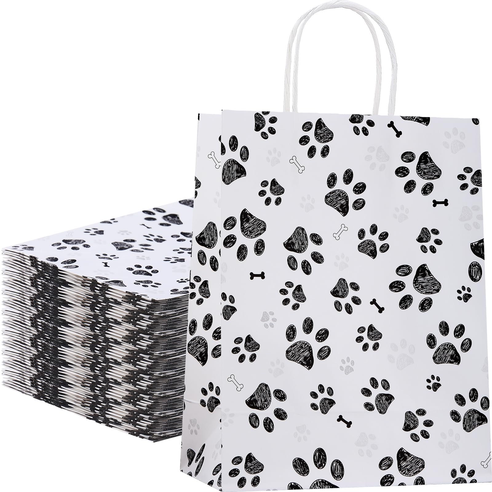 Locmeo 50 Pcs Large Puppy Dog Paw Print Gift Bags with Paper Handles - 10.6x8.3x4.3 Inch Kraft Dog Treat Paper Bags for Pet Treat Party Favor Birthday