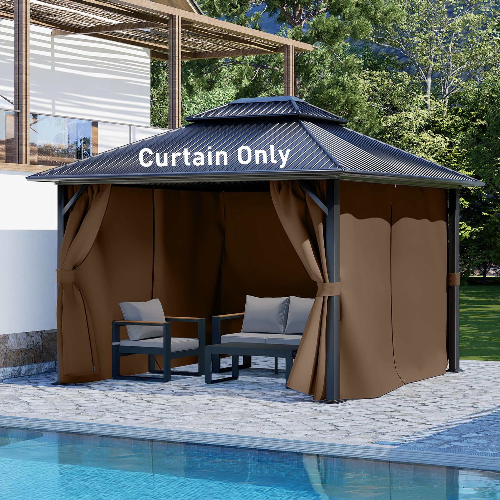Aoodor 12x16 ft Outdoor Gazebo Curtains, 4 Panels Waterproof Privacy Sidewall Replacement with Zipper for Patio Pergola and Canopy, Brown