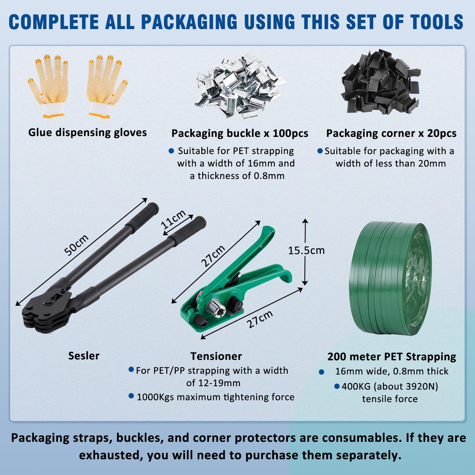 BAOSHISHAN Set di reggiatura manuale per impacchettamento per pallet resistente (1 tenditore, 1 sigillante, reggiatura in PET/poliestere da 200 metri, 100 fibbie, 20 angoli di imballaggio, 1 guanti)