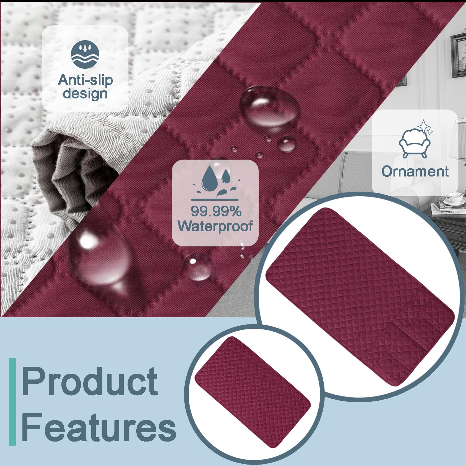 NNSMUN Sofa Armrest Cover, 1/2/3 Seater Sofa Headrest Slipcovers Nonslip Armchair Cover Quilted Water Proof Furniture Protector for Pets Sofa Couch (Wijn Rood,3 Zits (5 PCS))