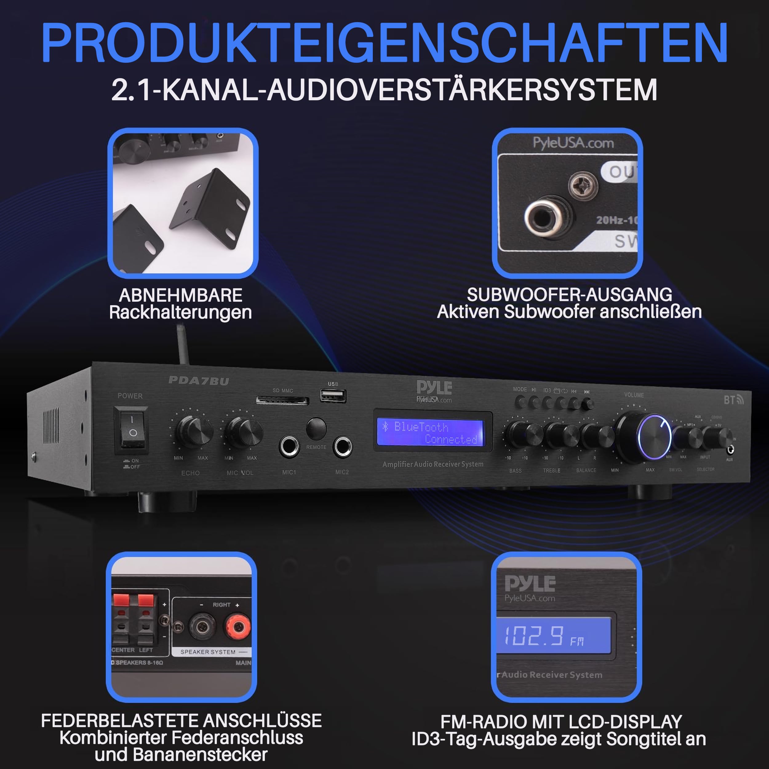 PyleUsa Home Audio Amplifier Home Theater Power Stereo Receiver, Surround Sound, PDA7BUEU, EU-Modell