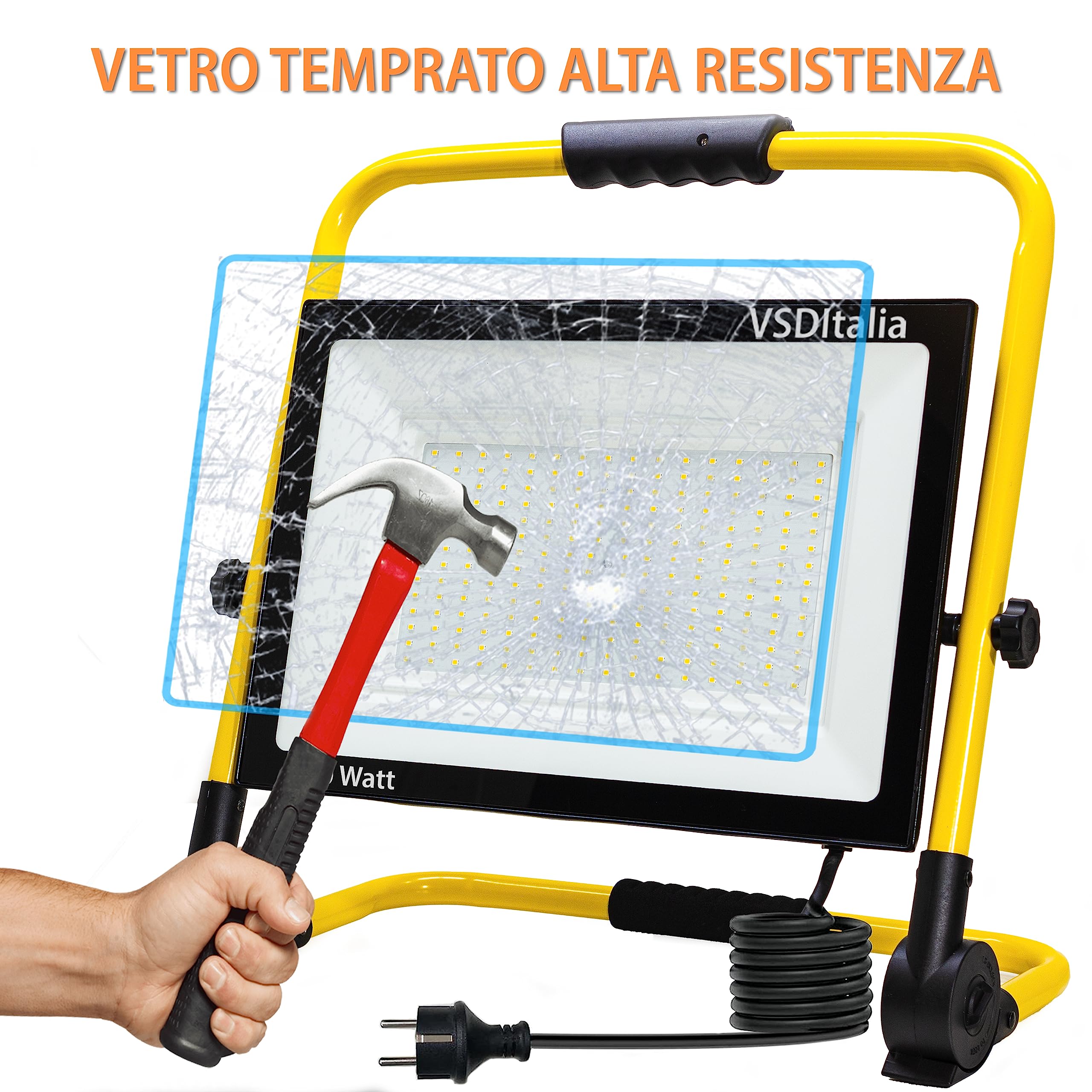 ELETTROWATT - Faro LED da lavoro 200W, 16000 lm, luce bianca 4000K - portatile, impermeabile, supporto pieghevole, per uso interno ed esterno, officina, giardino, cantiere, garage, imbianchino