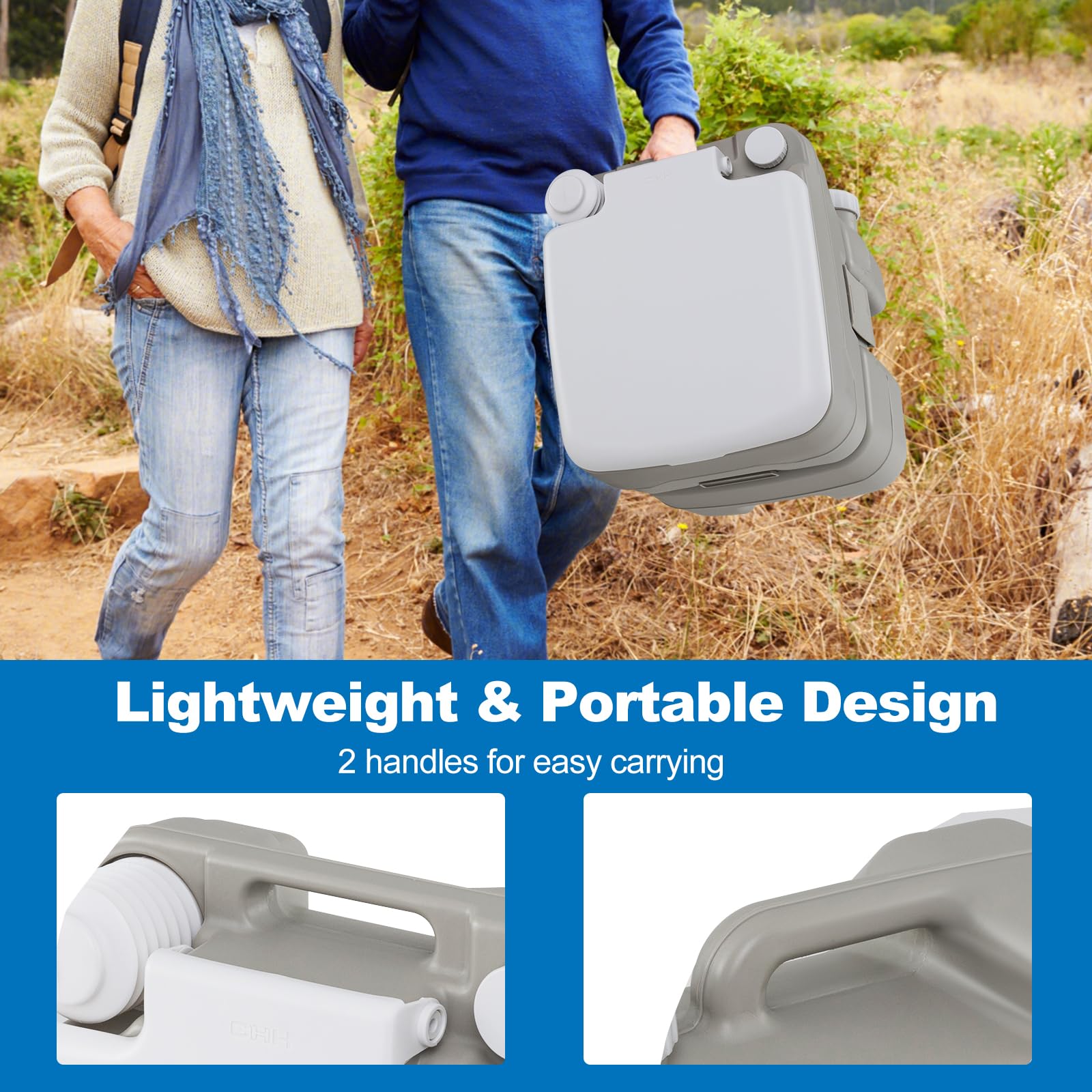 SOARS Toilette Portable Camping, WC Portable avec Pompe de Rinçage, Réservoir d'eau 20L + 10L, Charge 200 KG, Hauteur d'Assise 42 CM, Entonnoir Téléscopique, pour Camping, Voyage, Voiture, Gris