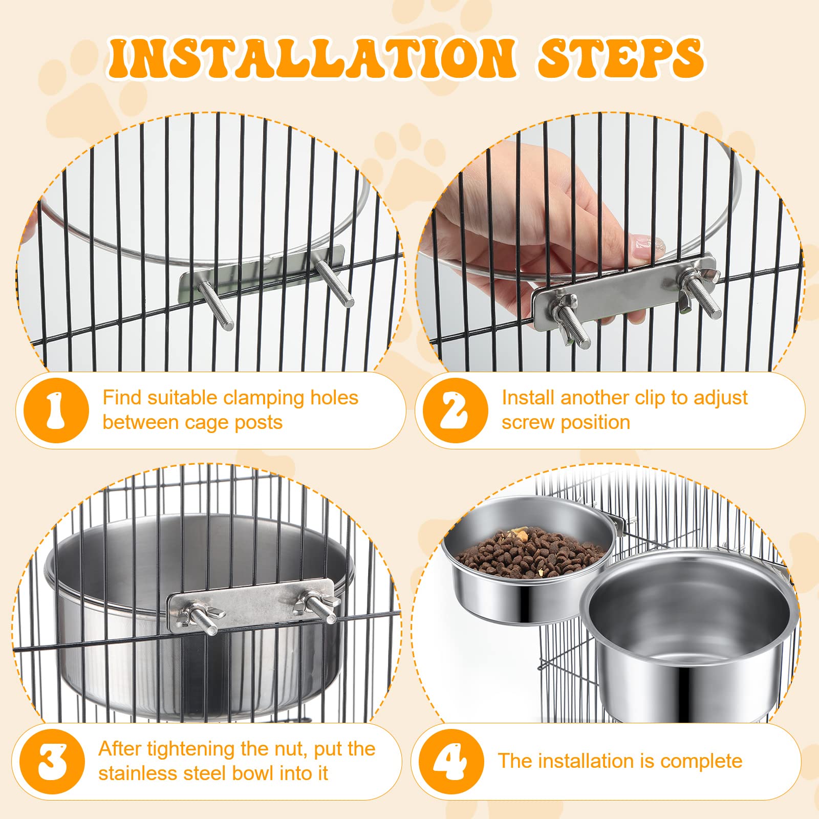 Zopeal 6 tazze da cucina in acciaio inox per animali domestici, con supporto per morsetto, per gatti, cani, casse, gabbie, canili, 2 misure