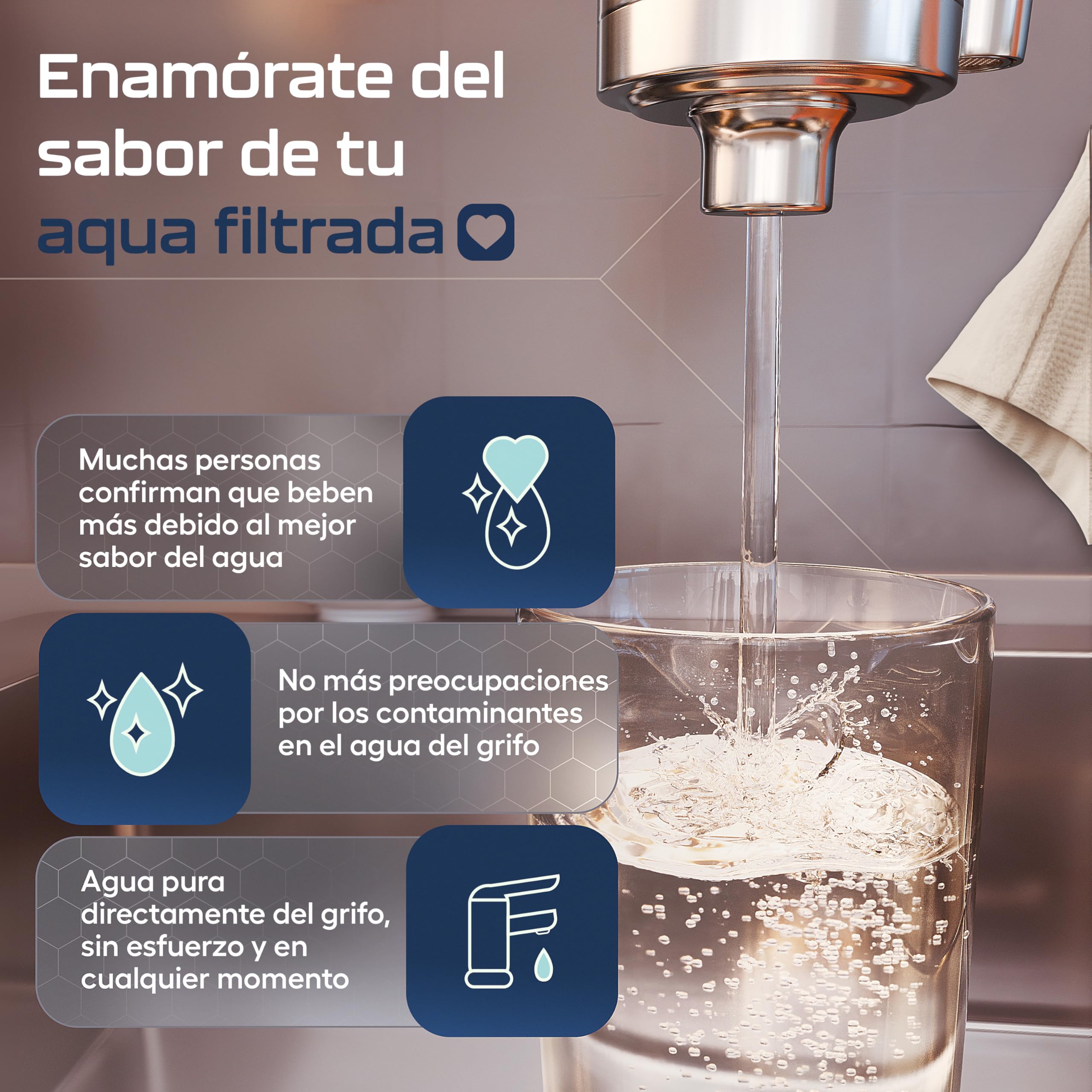 VILTARO® Filtro Agua Grifo – solo 0,02 €/litro de agua potable, sin BPA, acero inoxidable, aireador ahorrador de agua, filtro de carbón activo | Filtro de agua para grifo, filtro grifo cocina