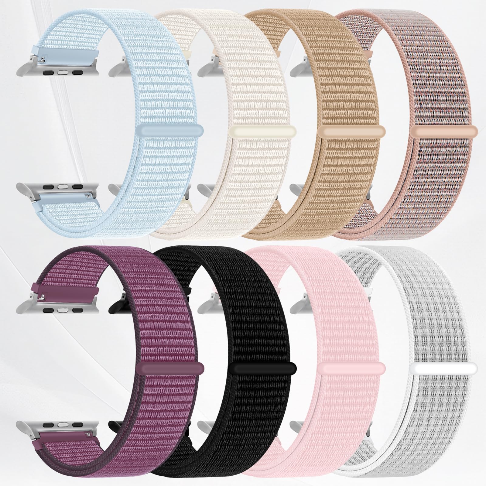 8 Pack Nylon Sport Loop Band Compatible with Apple Watch 38mm 40mm 41mm 42mm 44mm 45mm 46mm 49mm Soft Adjustable Braided Strap for Series SE/1/2/3/4/5/6/7/8/9/10/11/Ultra Men Women