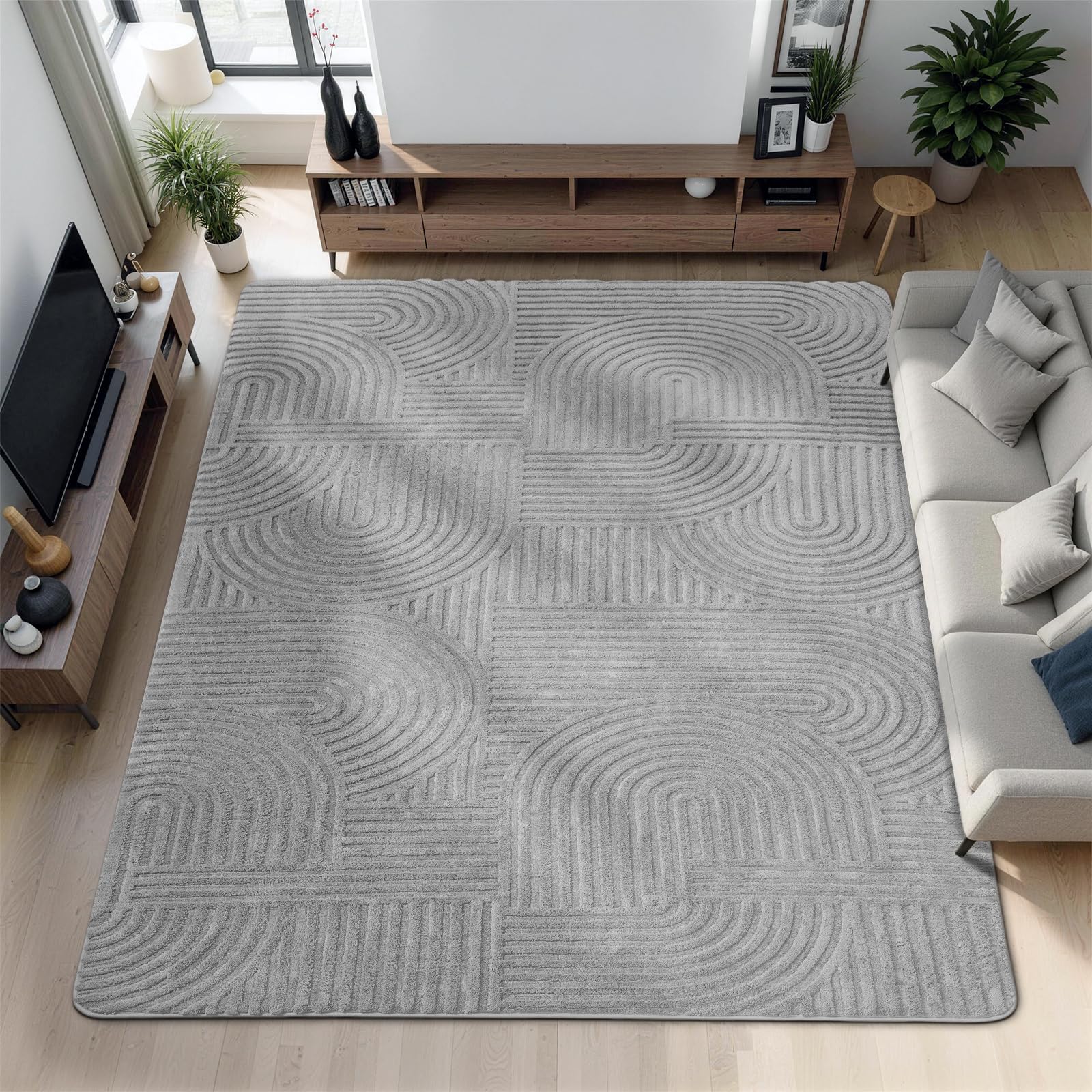 BYBSRLL Rugs Living Room 160x230 cm, Light Grey Washable Soft Touch & Non-Slip Rugs for Bedroom, Modern Geometric Thick Pile Rug Floor Carpet for Bedroom Dining Room Office Lounge, Curve