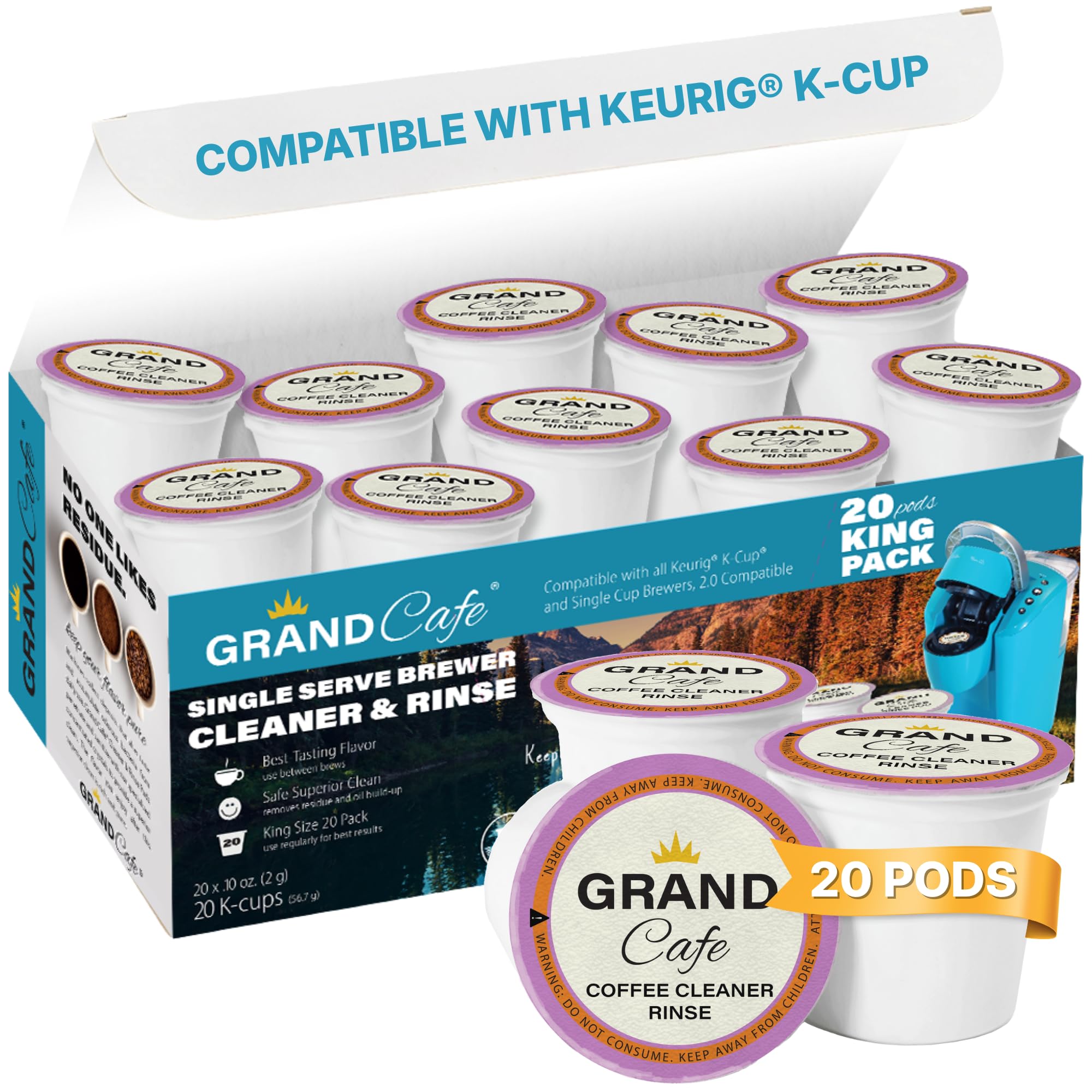 Grand Café K-Cup Coffee Machine Cleaning Products, Cleaner and Rinse for Keurig Single Serve Brewers - 2.0 Compatible - 20 Pack
