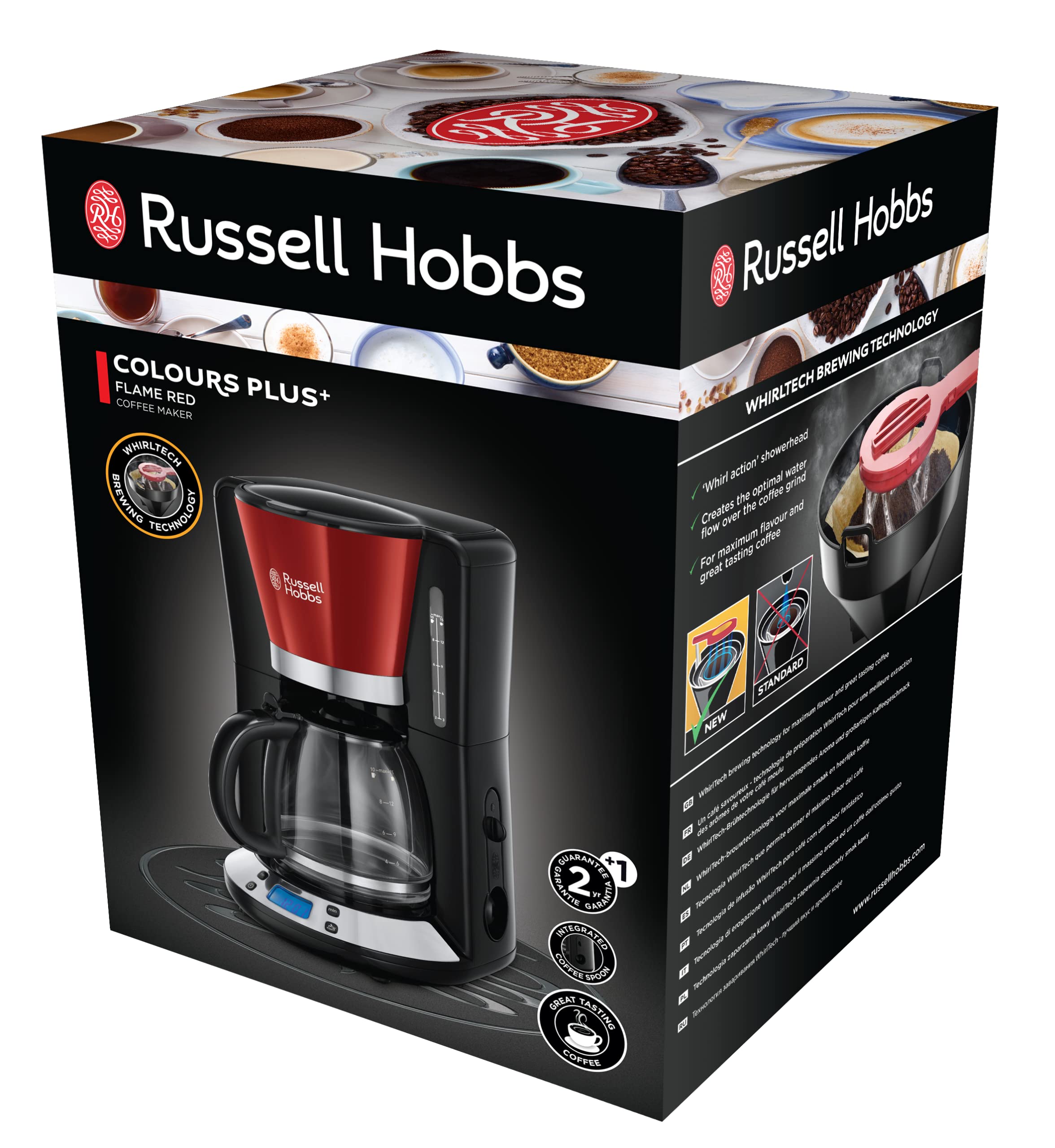 Russell Hobbs Cafetière filtre [Programmable, Technologie WhirlTech pour extraction & arôme optimaux] Rouge (10 tasses, verseuse en verre 1,25L, Maintien au chaud, 1100W) Machine à café 24031-56