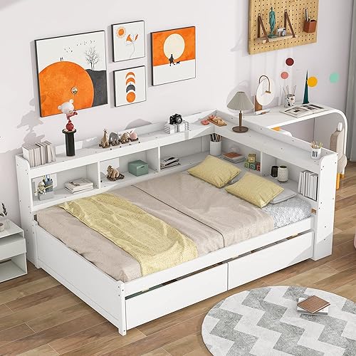 Miniatura 10 de Quarte Elegante cama de plataforma con estanterías en forma de L cama de plataforma de madera de tamaño individual con 2 cajones de almacenamiento