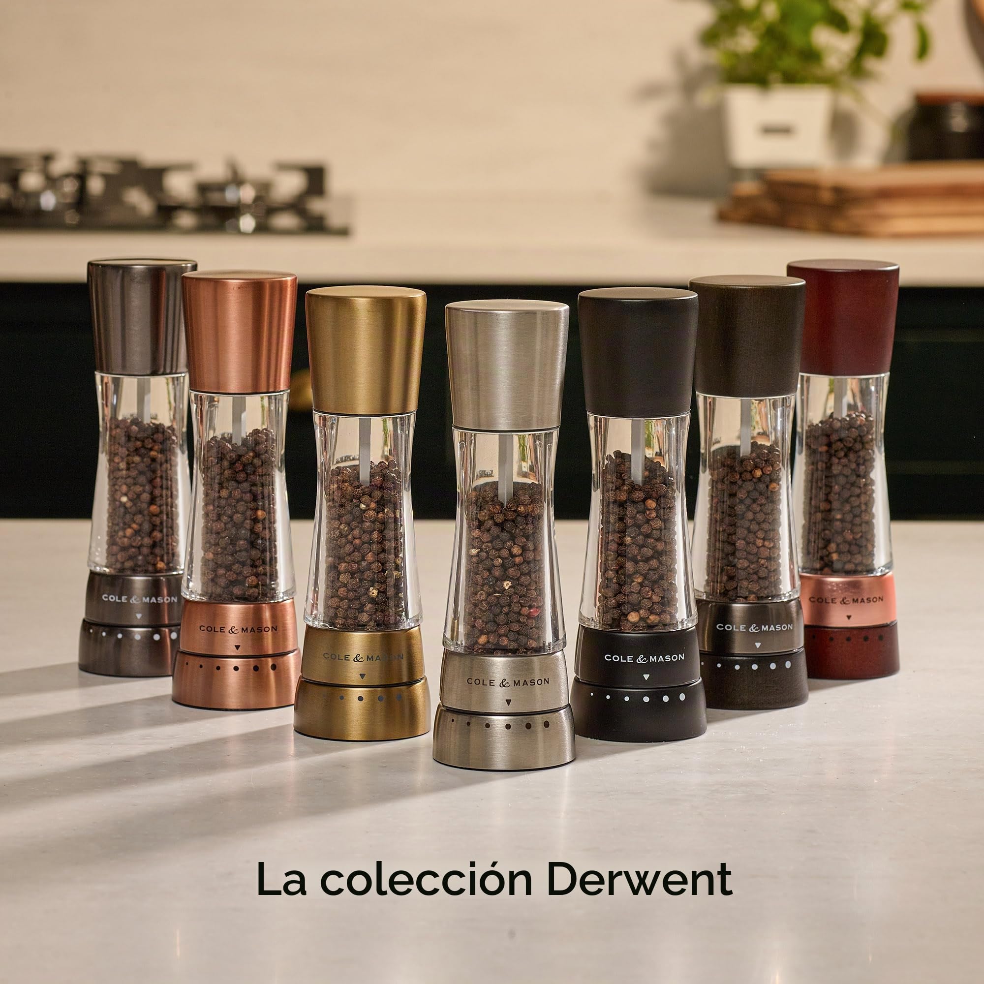 Cole & Mason Derwent Cobre Molinillos de Sal y Pimienta, Molinillo Especias, Juego de Molinillos con Grosor Ajustable, Acero Inoxidable/Acrílico, 190mm, H59418G