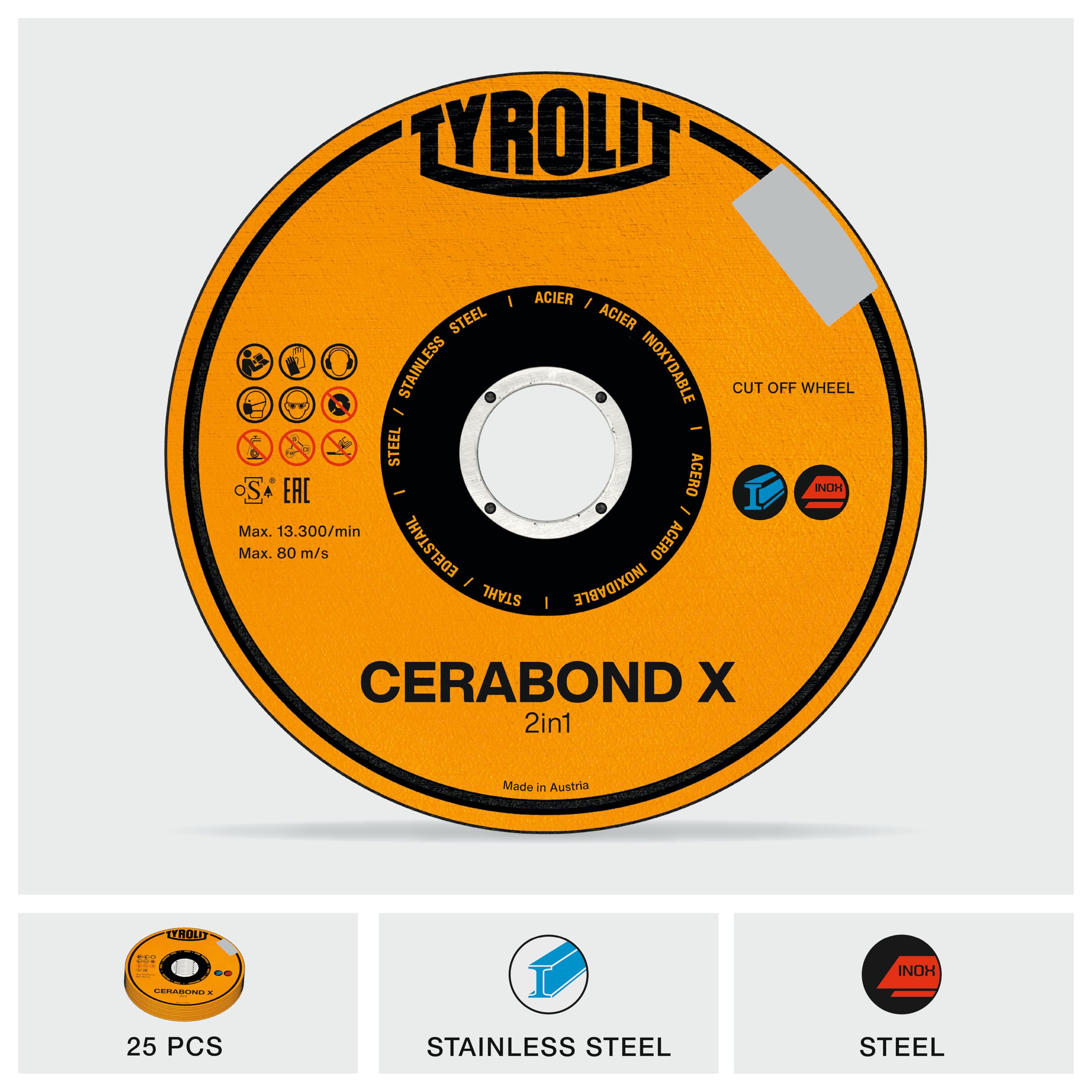 TYROLIT CERABOND X Ruedas de corte para acero y acero inoxidable, discos de corte de metal de 115 mm, discos de amoladora angular, 115 x 1 x 22,23 mm, paquete de 25