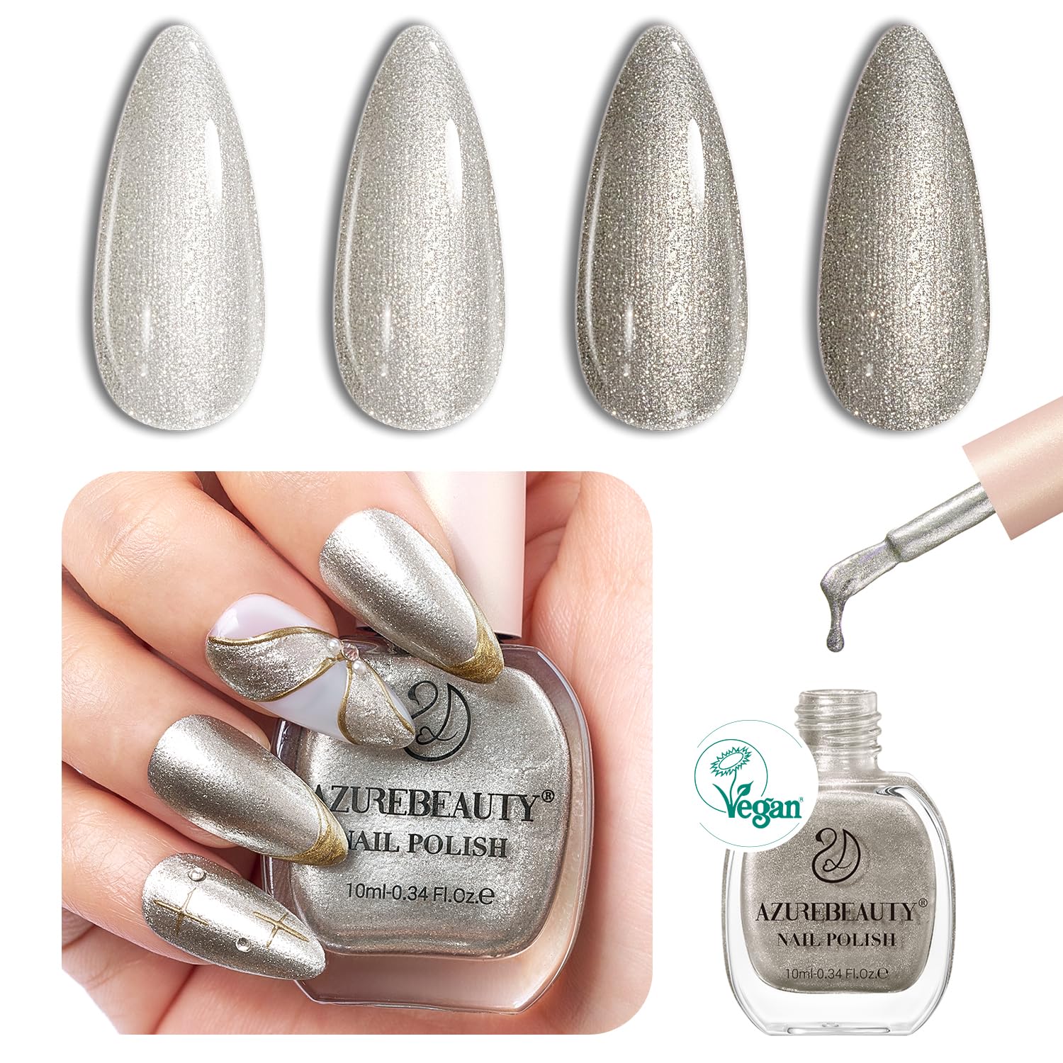 AZUREBEAUTYMetallic Silver Glitter Nail Polish Quick Dry Natural Infinite Shine Nail Lacquer Fingernail Polish Strengthening Treatment Kit Salon-Quality for Women 10ml