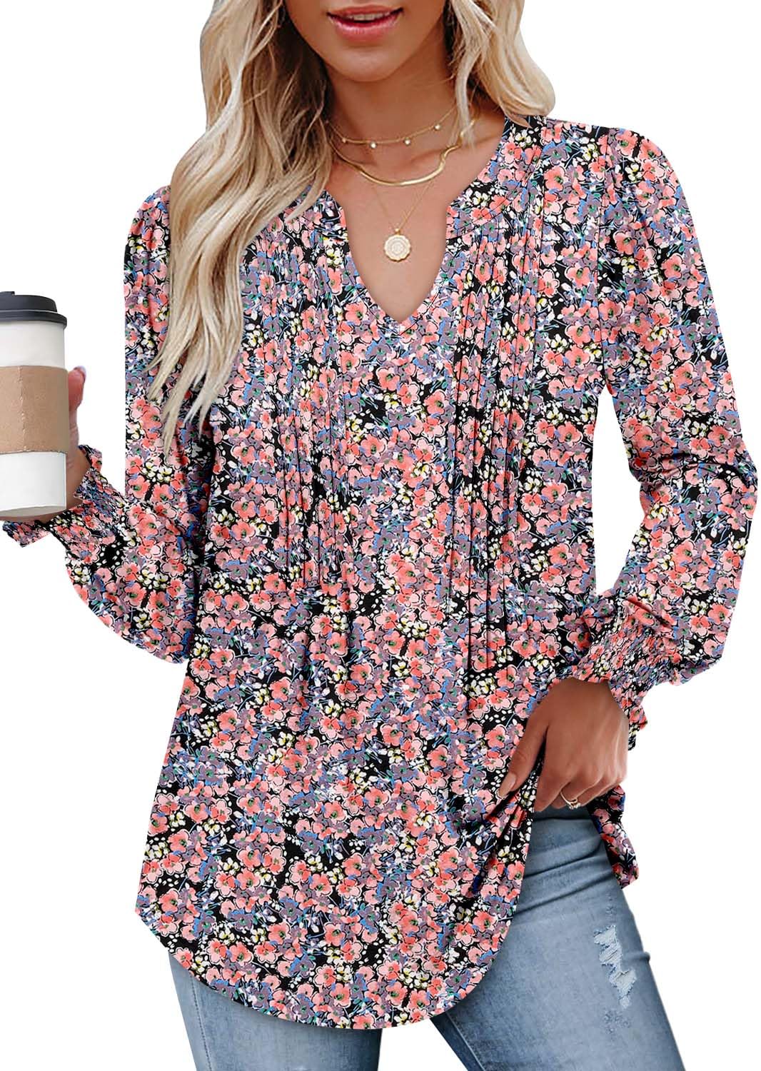 onlypuff Womens V Neck Tunic Tops Puff Long Sleeve T-Shirt Pleated Fashion Blouse Shirts S-3XL