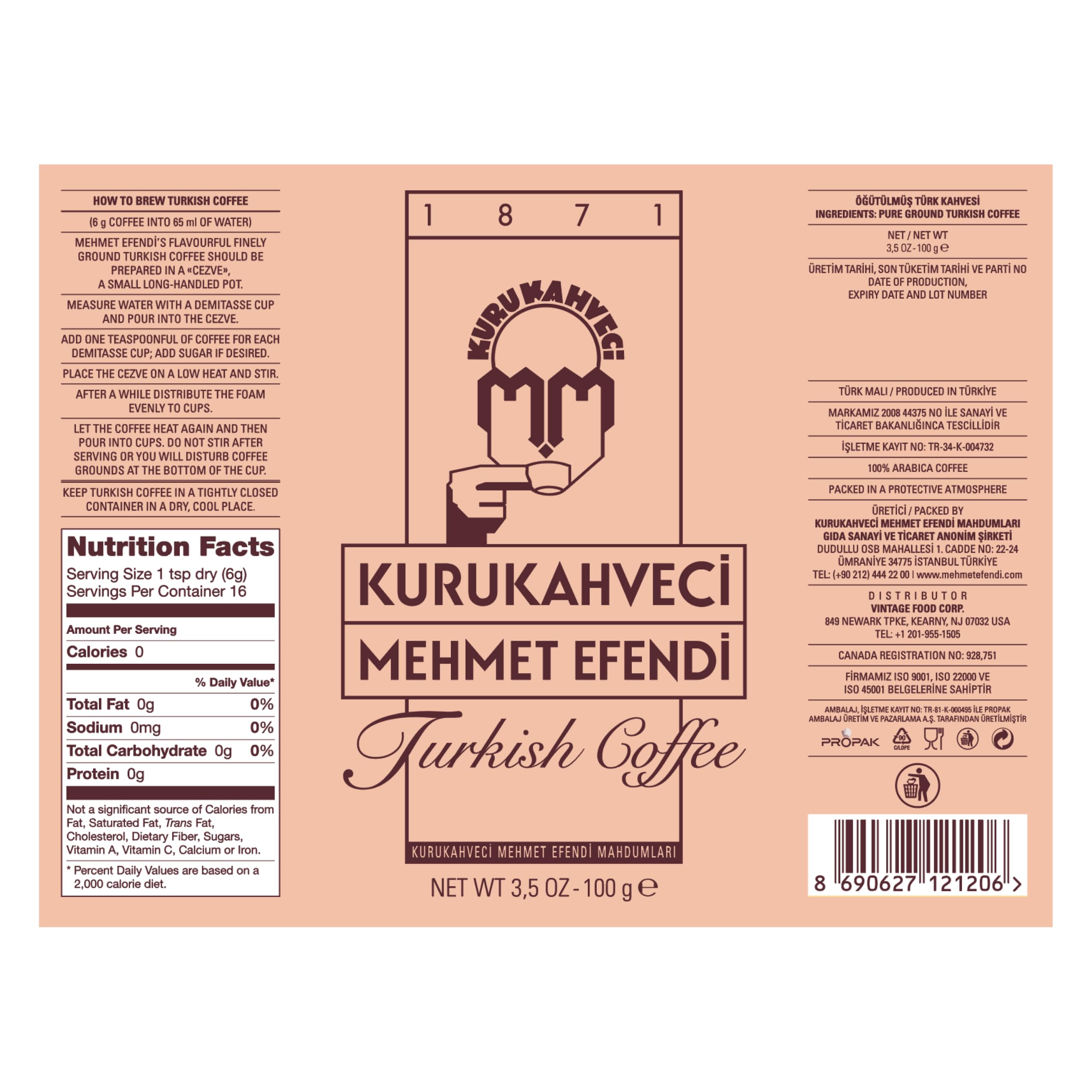 KURUKAHVECI MEHMET EFENDI Café turco, 100% arábica, café molido finamente tostado para cezve, rico aroma, medio, tradición desde 1871, 3.52 oz / 100 g, paquete de 25