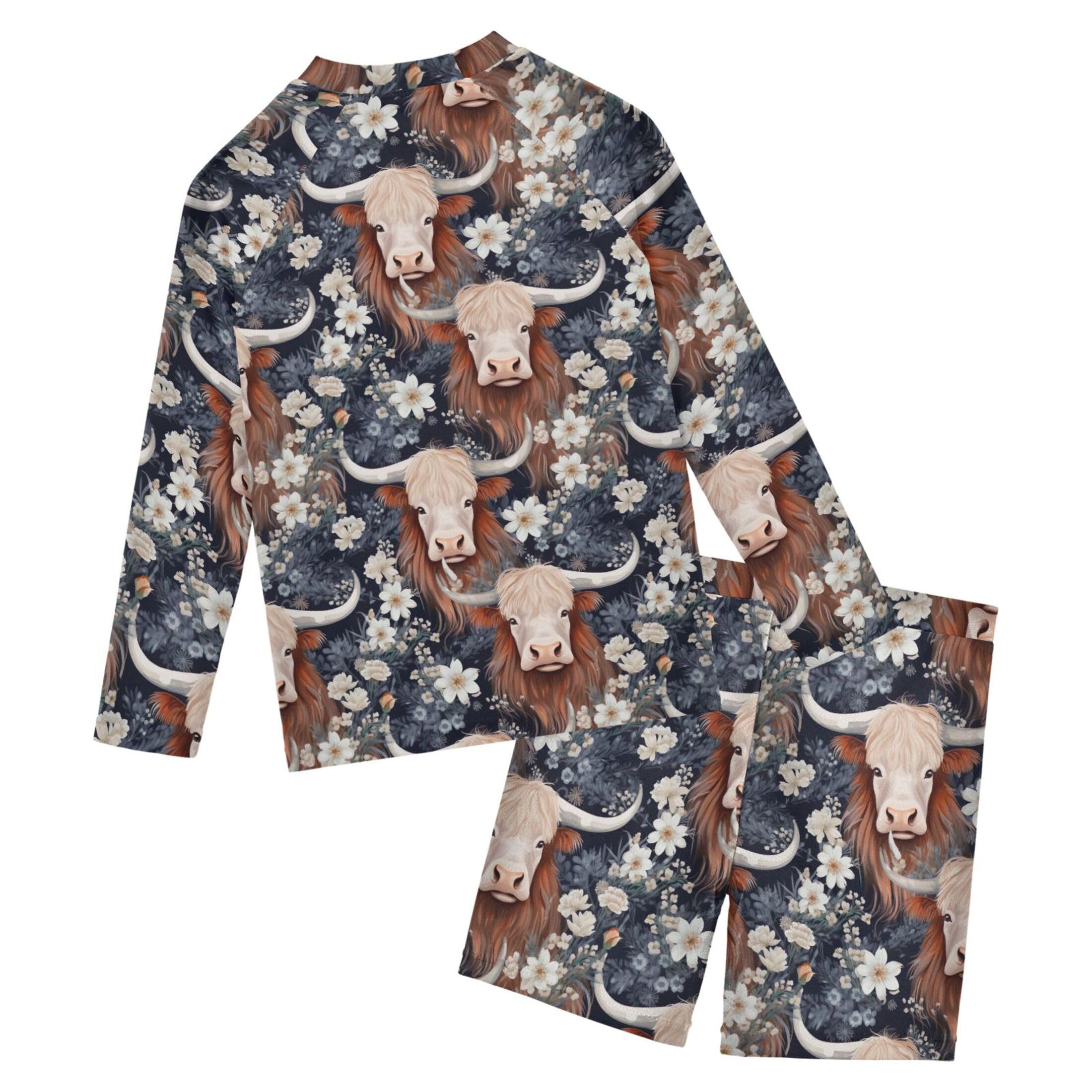 Highland Cow Flowers Animal Baby Boys' Toddler Long Sleeved Rashguard Swim Bathing Suit Set B0403268