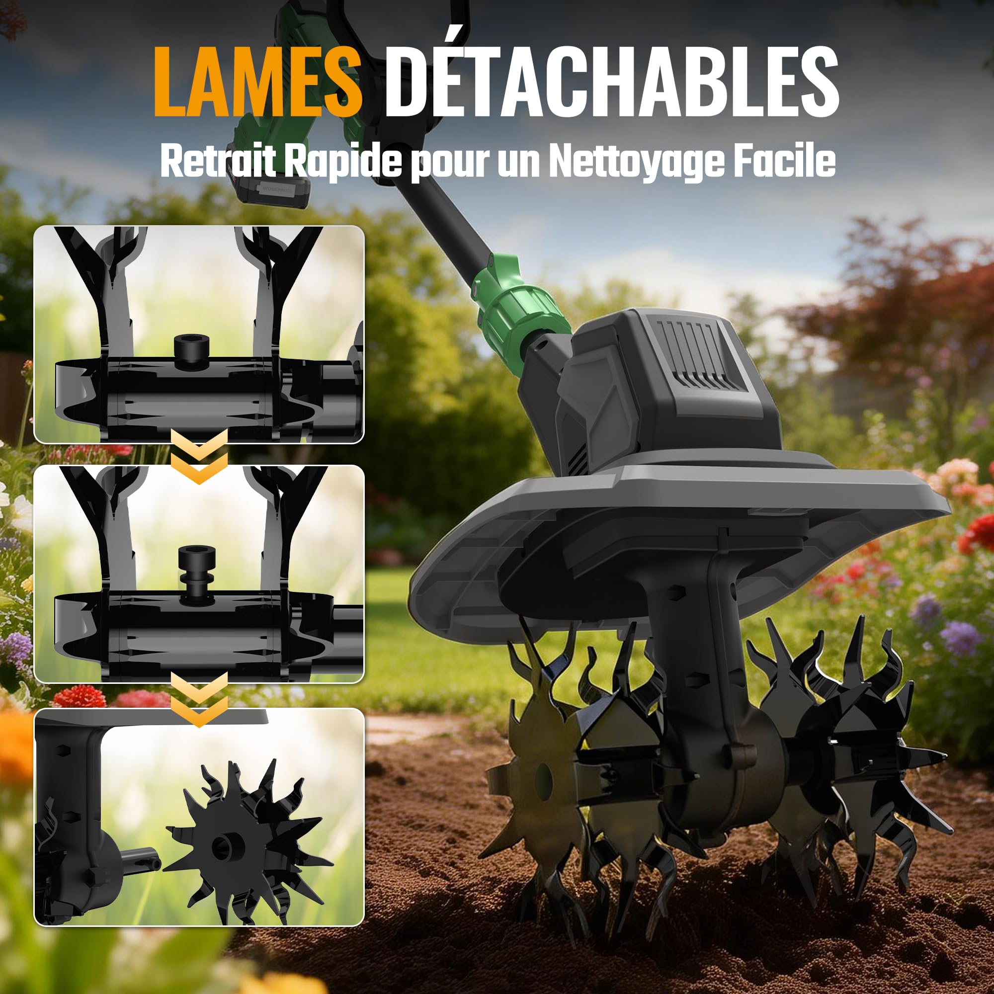 WORKPROX Motobineuse Électrique sans Fil 20V, Mini Cultivateur Électrique, Largeur/Profondeur 20 cm, 280 tr/min, Batterie 4,0 Ah, Légère 4,7 kg, Cultivateur Compact pour Jardin et Entretien du Sol