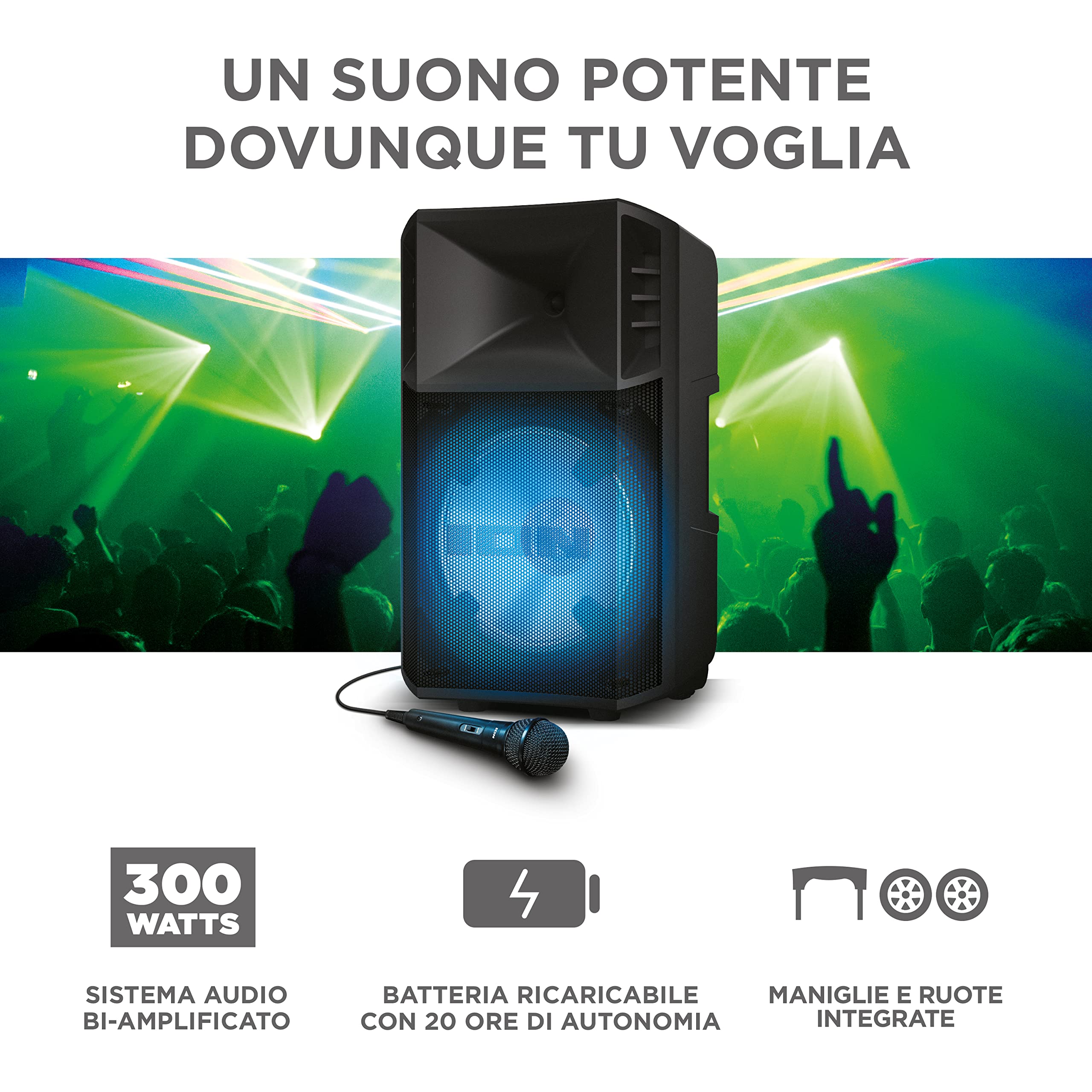 ION Audio Power Glow - Cassa Bluetooth Amplificata Potente da 300 Watt con Мicrofono Karaoke, Luci, Mixer Audio Multicanale e Batteria Ricaricabile, Nero