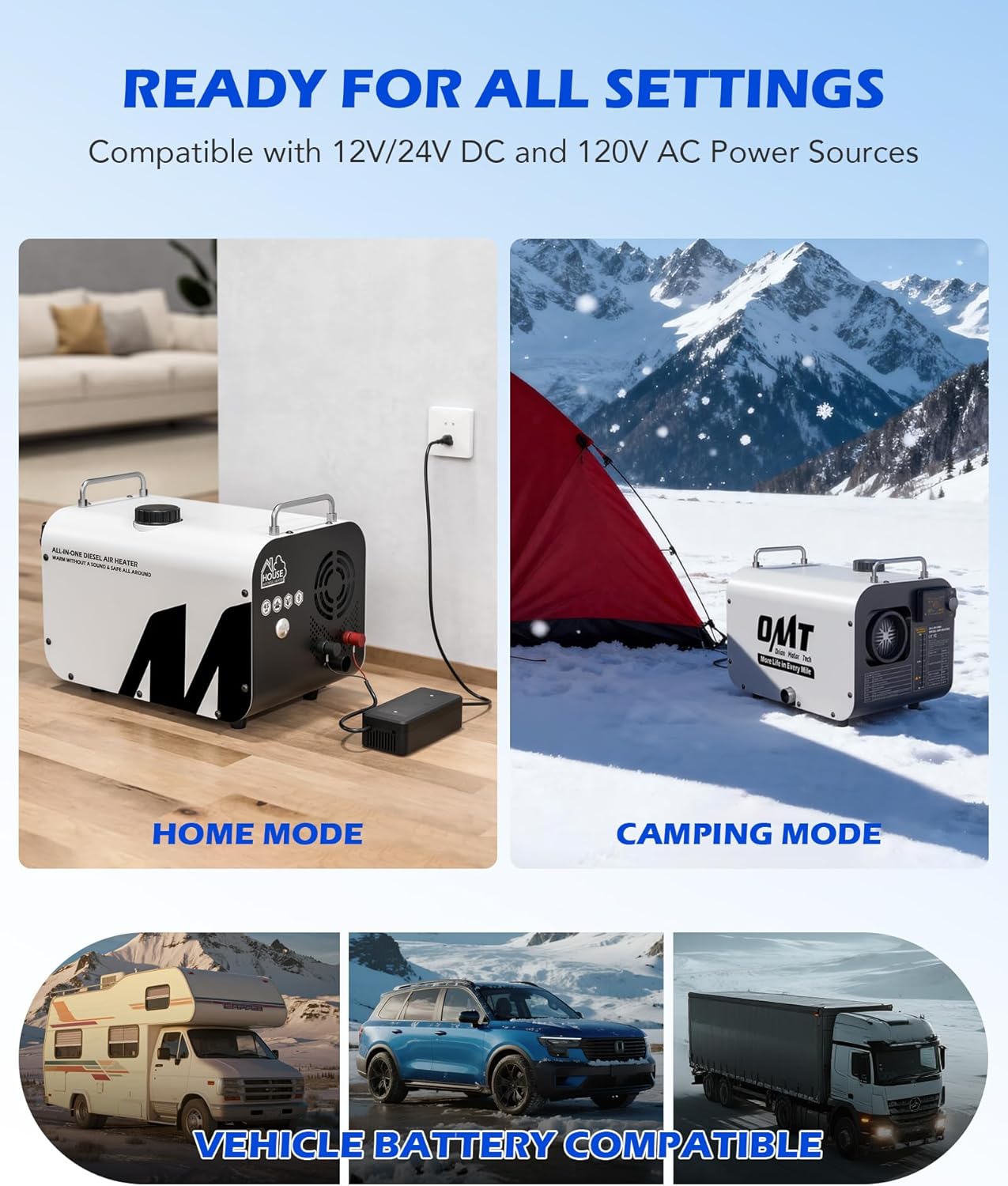 Orion Motor Tech Portable Diesel Heater shown in a home setting connected to AC power and in a camping setting, highlighting its compatibility with vehicle batteries.